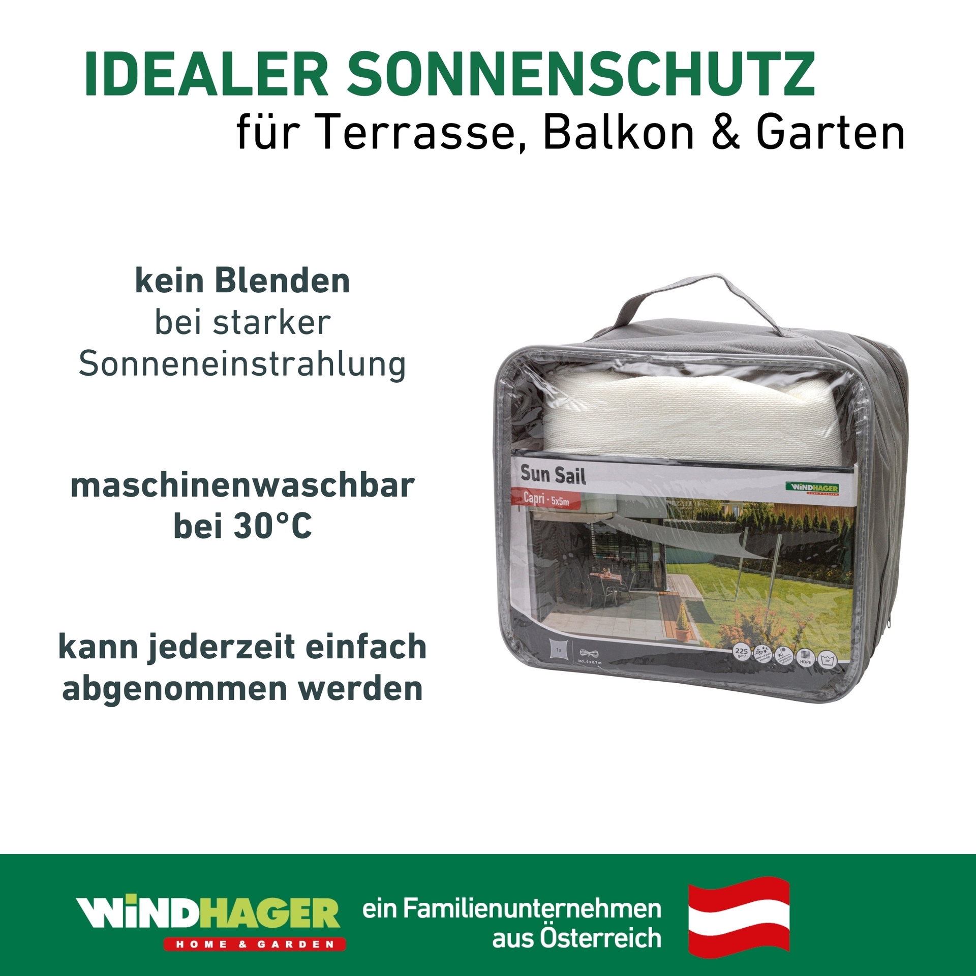 Windhager Sonnensegel »Sonnenschutz aus pflegeleichtem HDPE-Gewebe, Sonnensegel Quadrat« wind- und wasserdurchlässig, 5x5 m, inkl. 4x0,7 m, weiß