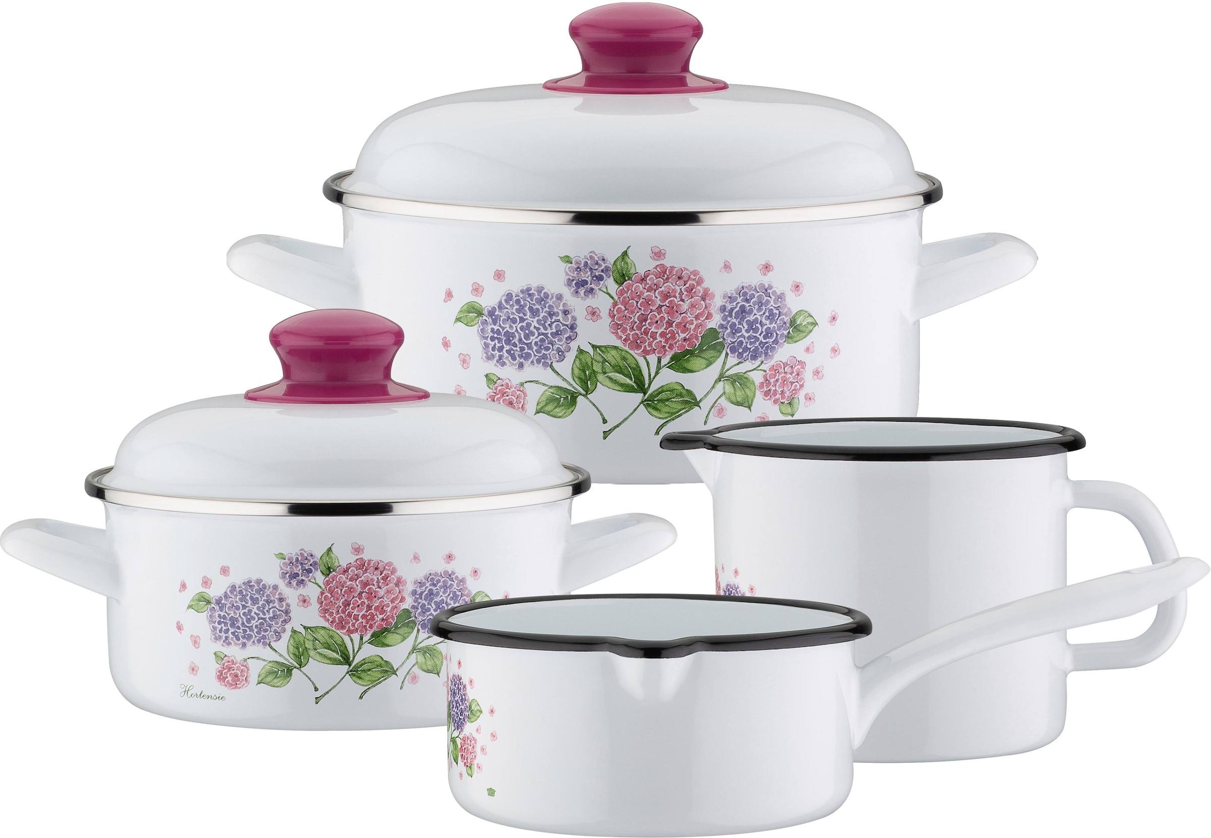 GSW Topf-Set "Hortensie" Set, je 1x Kochtopf Ø 16/20 cm, Stielkasserolle Ø 16 cm, Milchtopf Ø 12 cm, 6 Stk. tlg. Stahl-Emaille