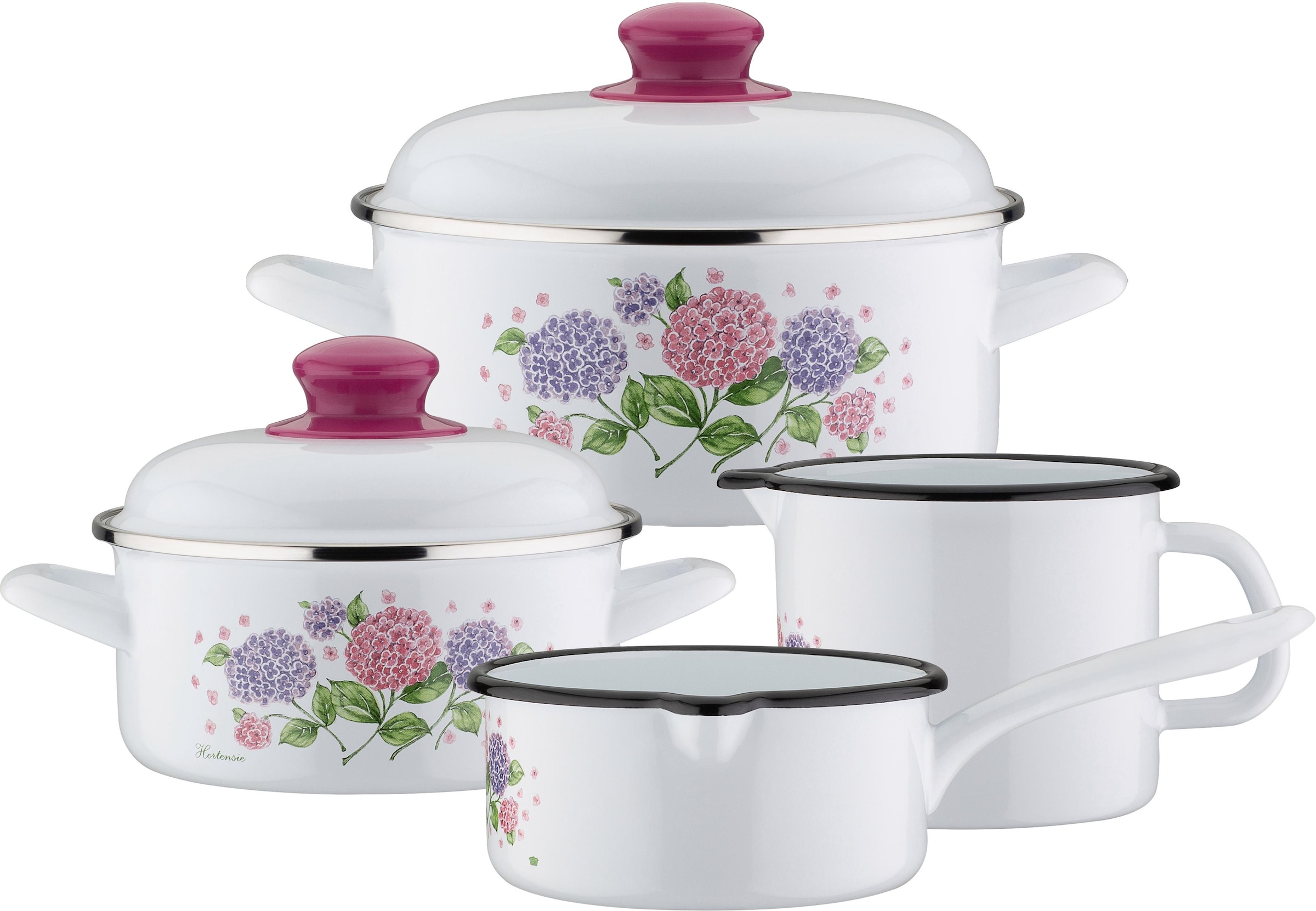 GSW Topf-Set "Hortensie", Stahl-Emaille, (Set, 6 tlg., je 1x Kochtopf Ø 16/20 cm, Stielkasserolle Ø 16 cm, Milchtopf Ø 1