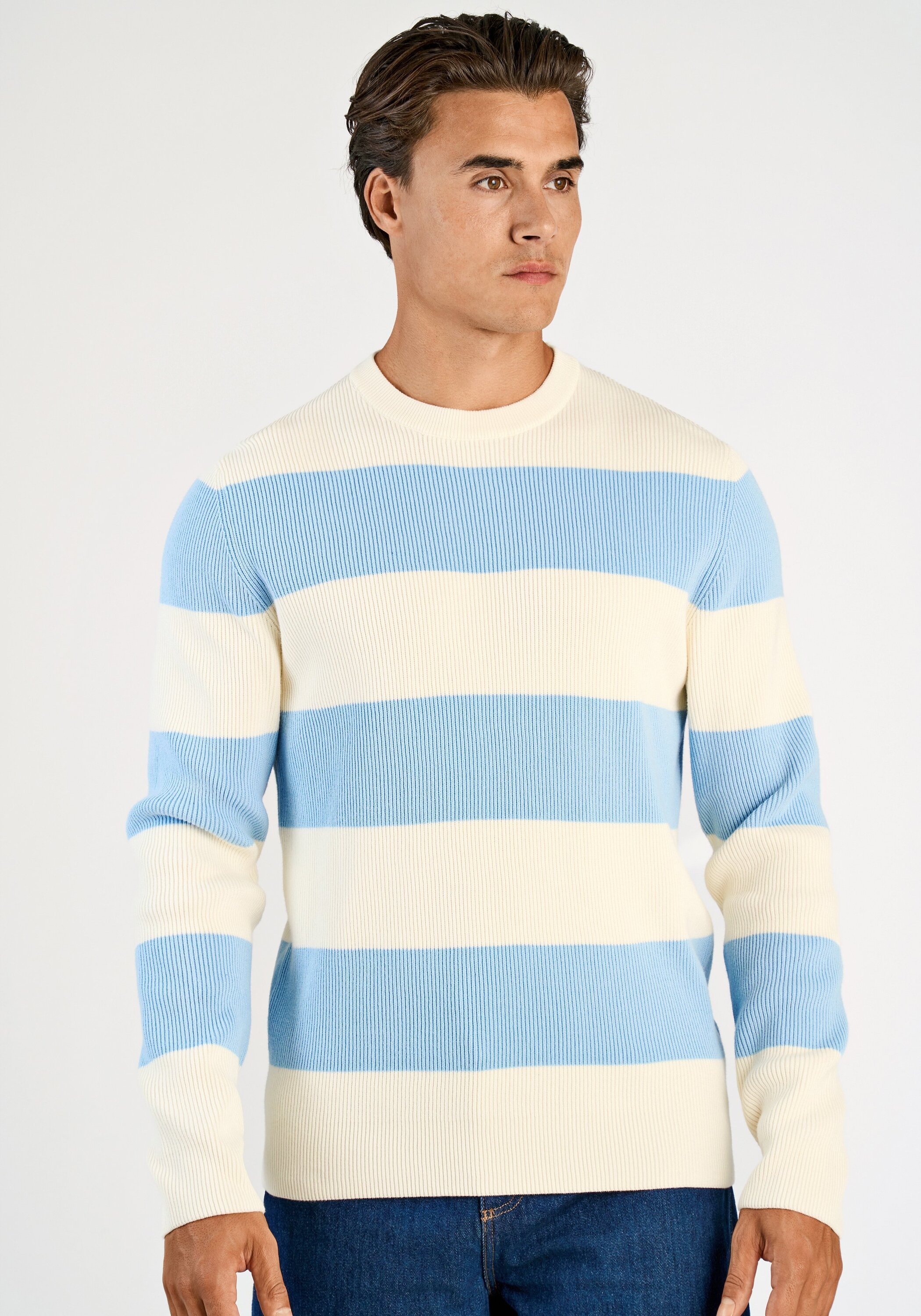 Strickpullover LINDBERGH "Strickpullover Relaxed Fit", Herren, Gr. L, soft blau, Obermaterial: 80% Baumwolle, 20% Polyester, gestreift, Rundhals, Pullover Strickpullover