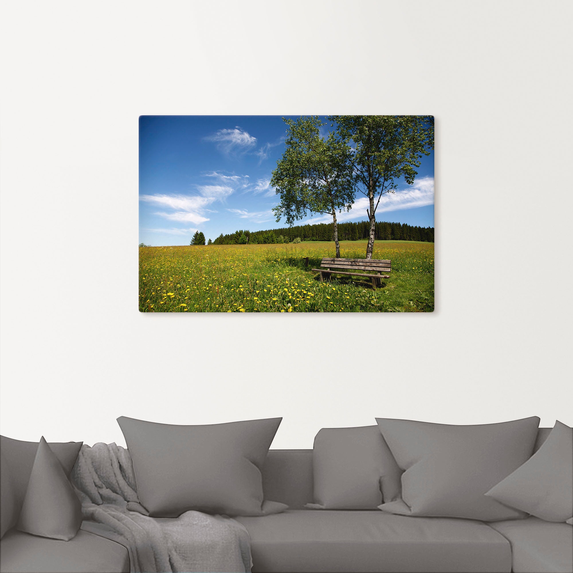 Artland Wandbild »Einsame Bank auf einer Löwenzahnwiese«, Felder, (1 St.), als Leinwandbild, Poster in verschied. Größen