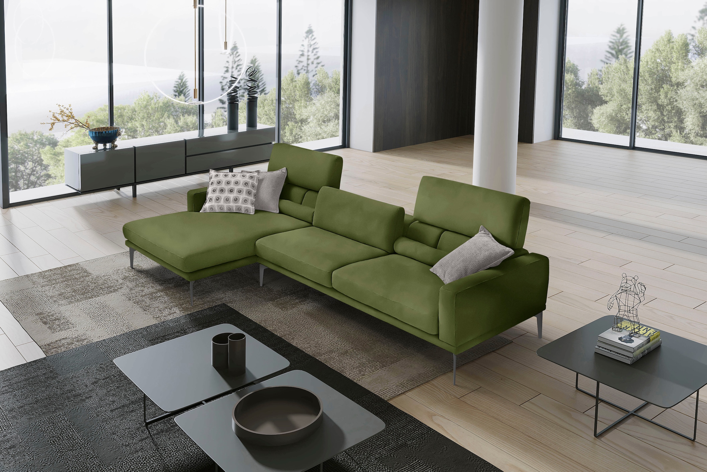 Egoitaliano Ecksofa "Masu, Design trifft sensationellen Sitzkomfort, Breite 277cm, L-Form" inkl. 2 Kissenrollen, Rückenelemente manuell verstellbar, Metallfüße