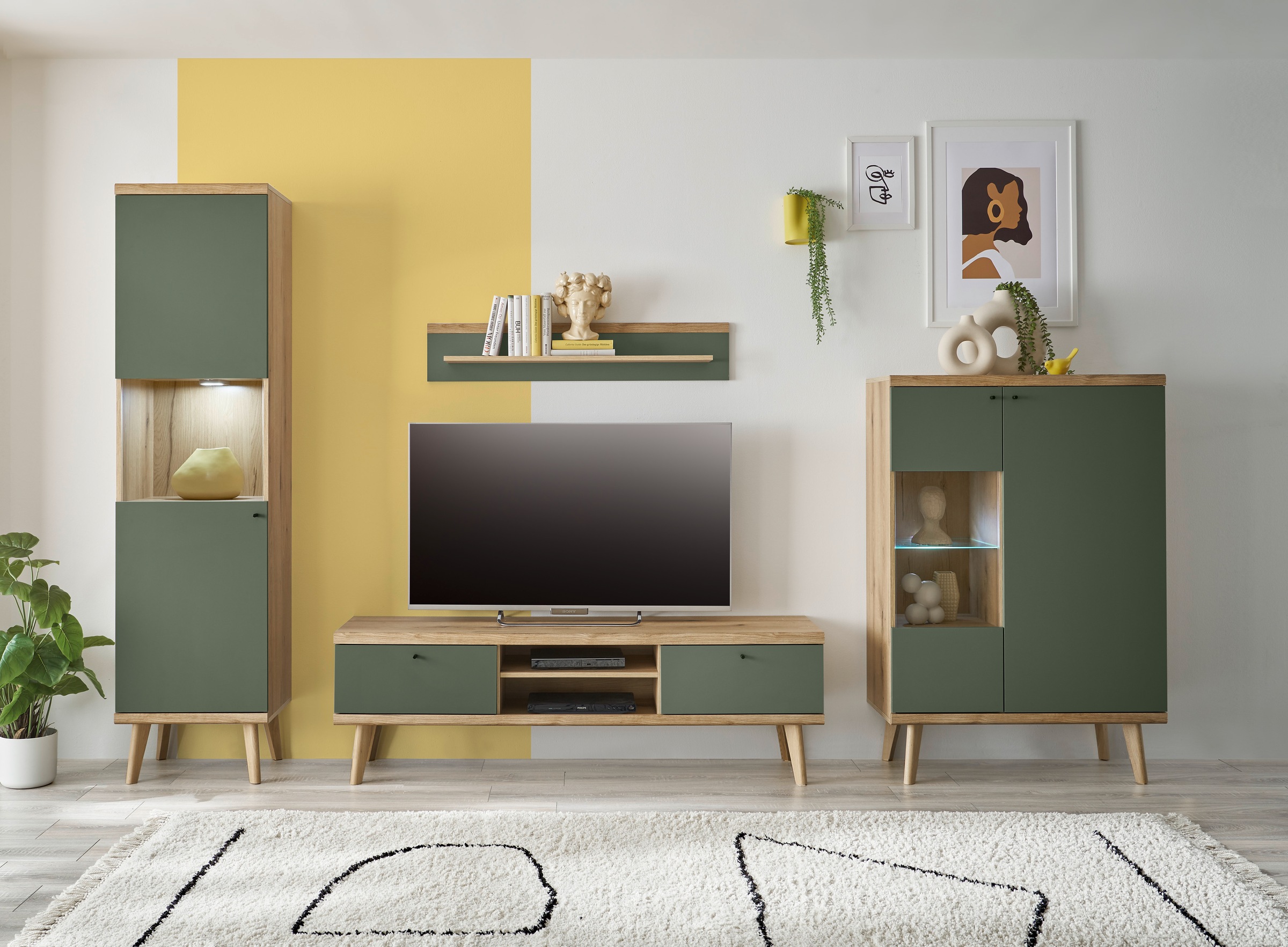 Wohnwand HOME AFFAIRE, B:320cm H:197cm T:40cm, braun, Wohnzimmer, Kastenmöbel-Sets, "MAVAS", in moderner Trendfarbe, Griffe aus Metall (Schwarz),
