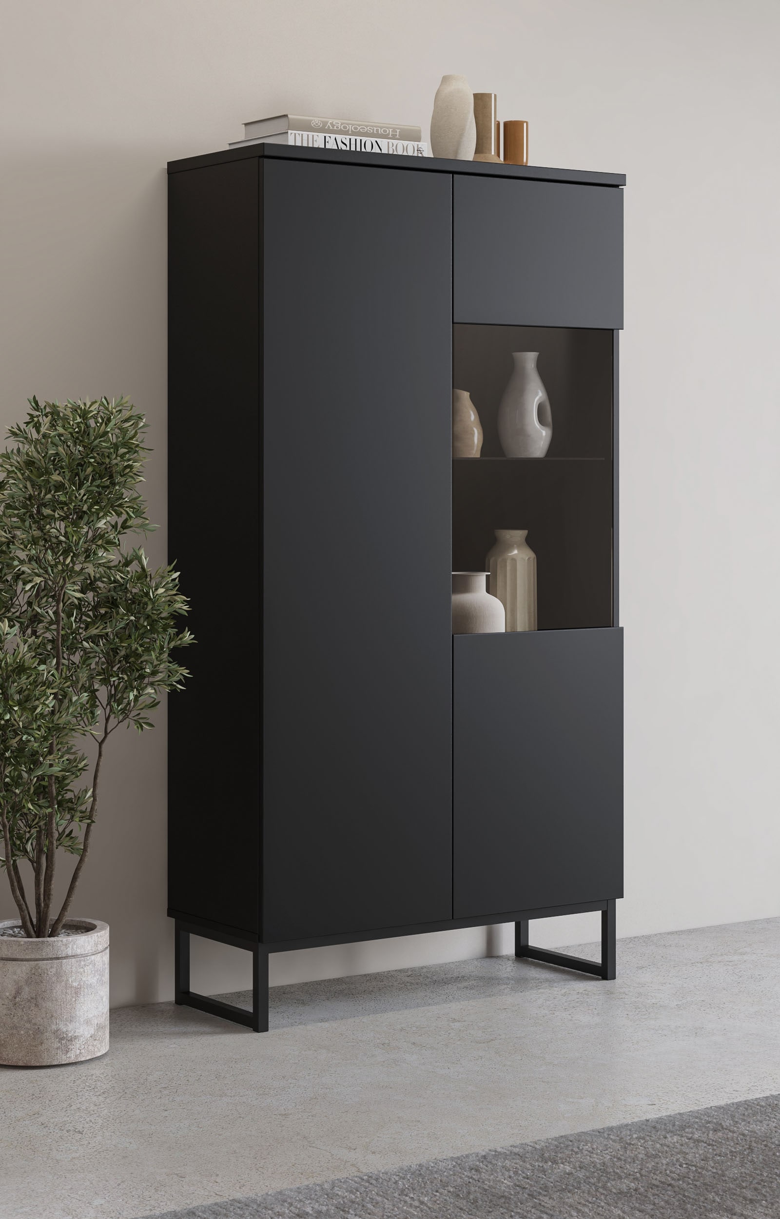 OTTO home Vitrine "Modo II, Breite 80 cm, moderner griffloser Vitrineschrank" Vitrine viel Stauraum, Einlegeböden verstellbar, Glastür, Metallkufen