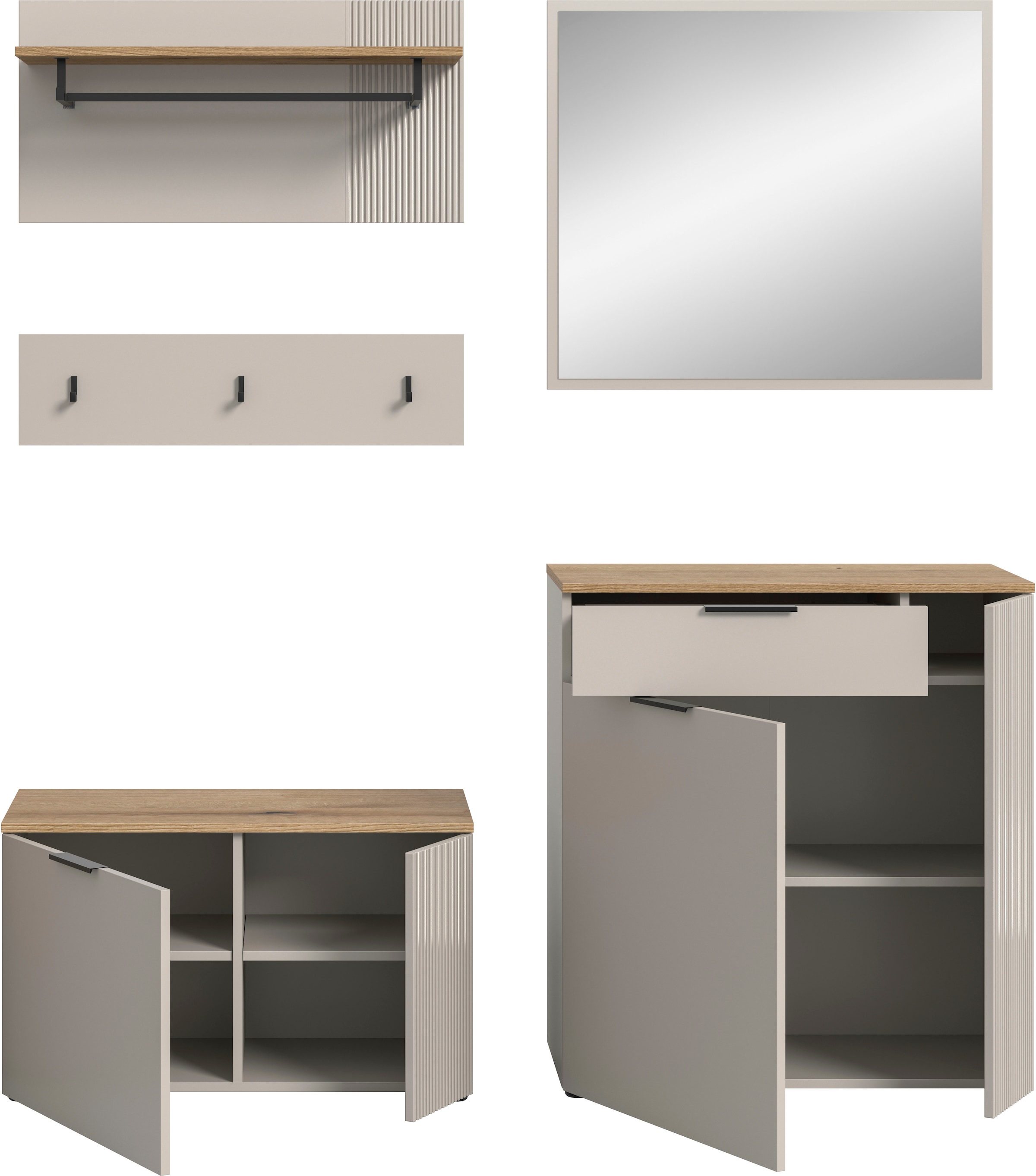 INOSIGN Garderoben-Set »EDIL, Breite 175 cm, 5-teilig, Front mit hochwertiger Längstfräsung« Set, best. aus: Sitzbank, Paneel, Hakenleiste, Kommode & Spiegel, 4 Stk. tlg. Garderobenkombination, Kombination, Set, Garderobe, Flurgarderobe