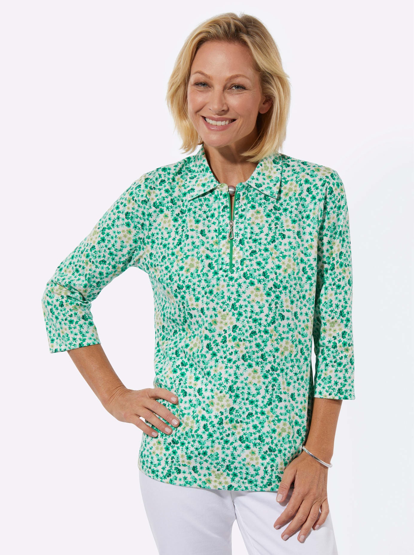 Poloshirt CLASSIC BASICS "Poloshirt", Damen, Gr. 42, smaragd, ecru, bedruckt, 100% Baumwolle, gemustert, mehrfarbig, Shirts