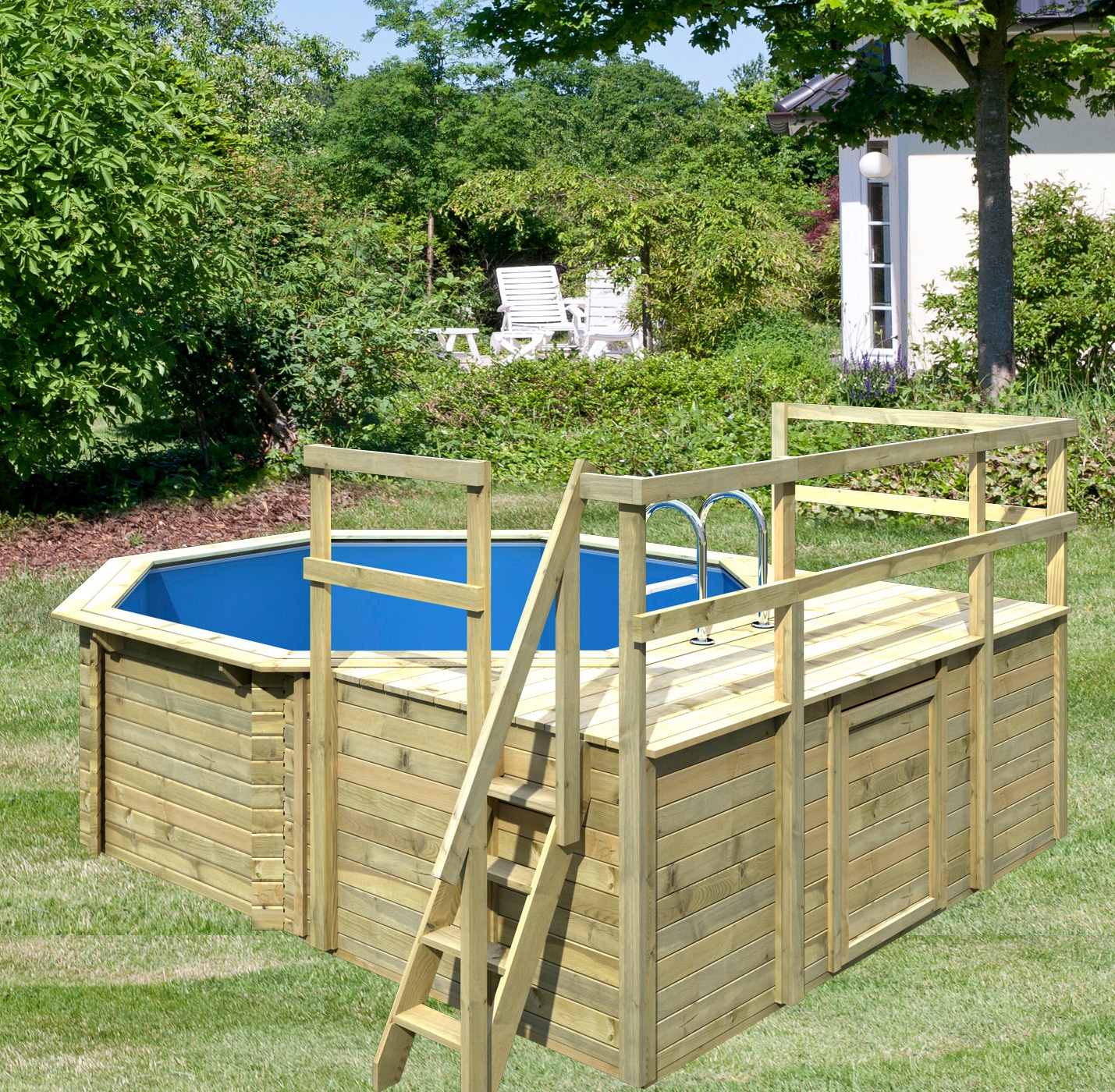 Karibu Achteckpool »PORTO Set D ØxH: 358x124 cm inkl. Zubehör« mit Technikraum unter dem Sonnendeck