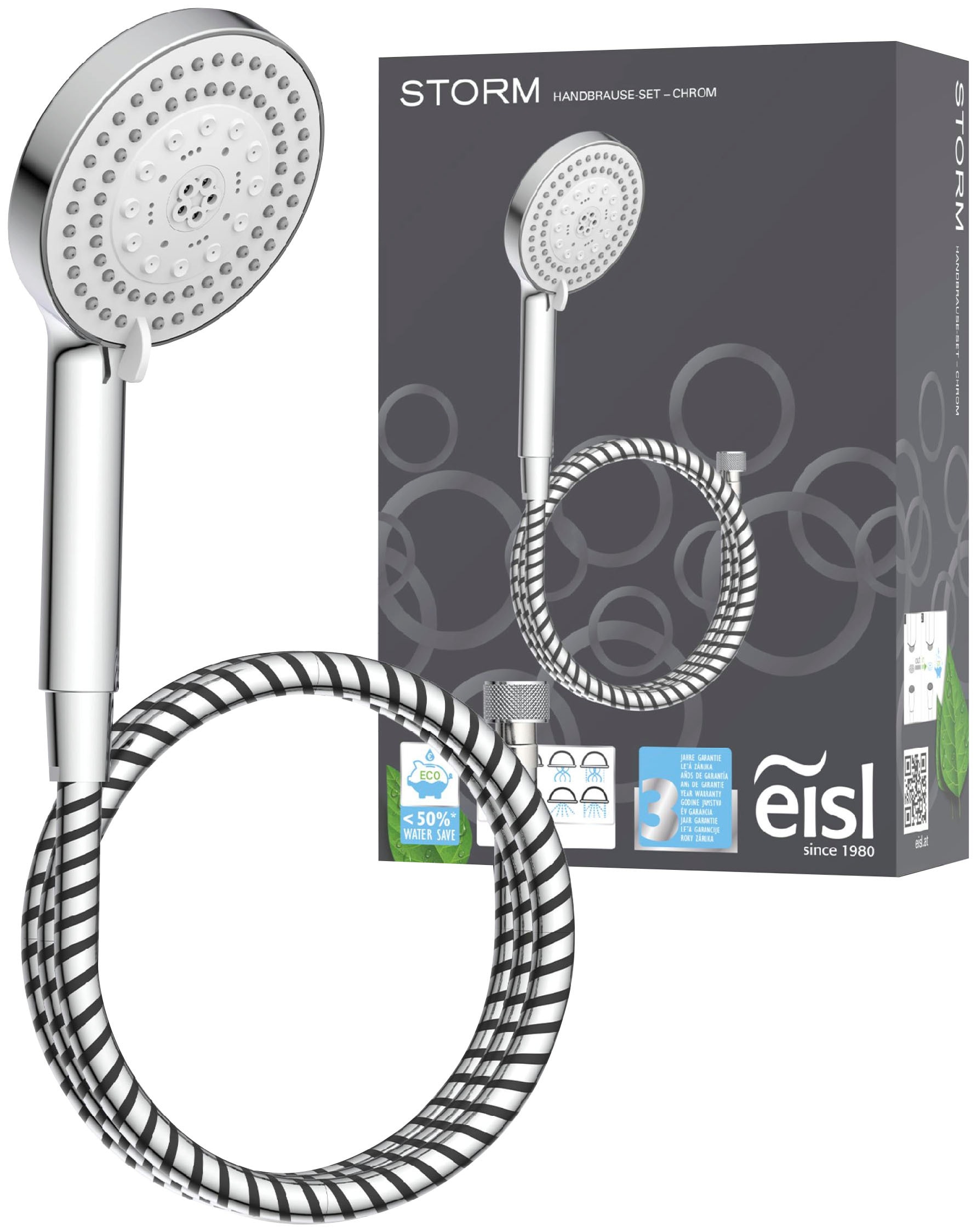 Eisl Chrom Handbrause "Storm" Wassersparend Antikalk 7-Fach Verstellbar Wasserstoppfunktion von Baur