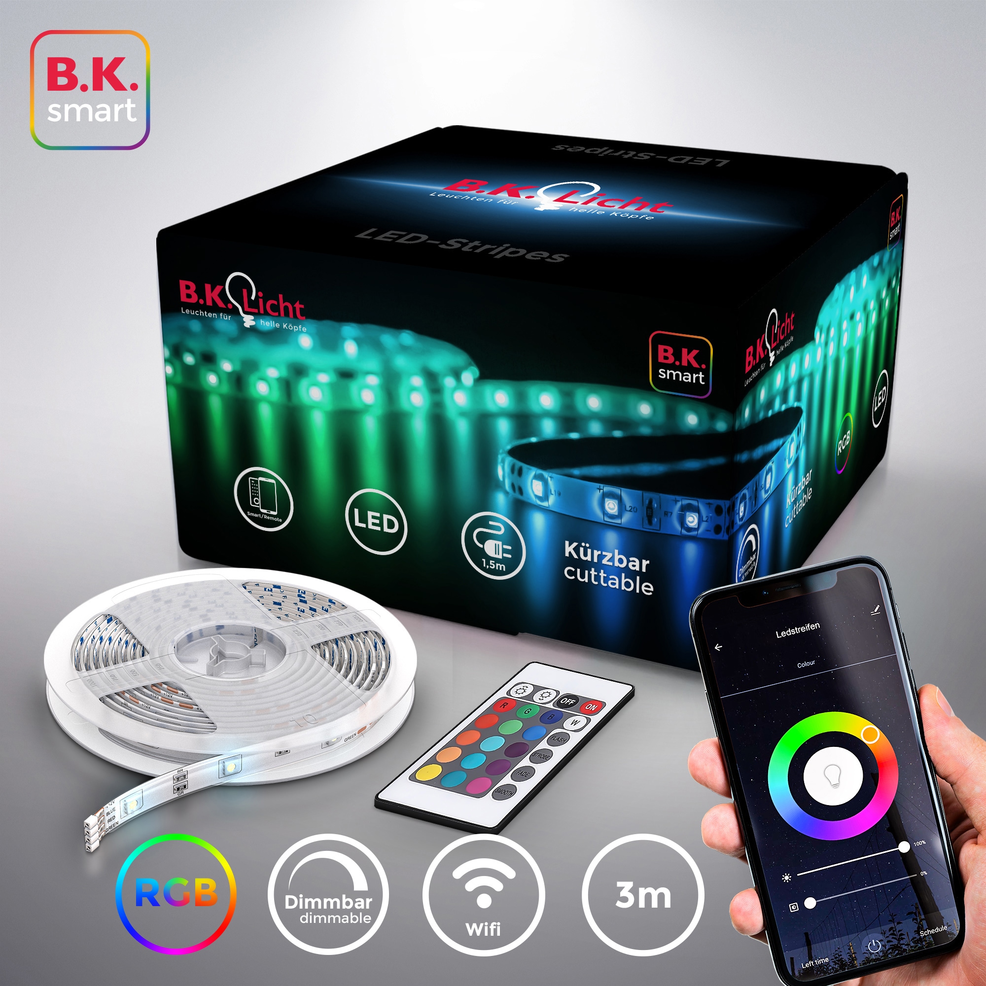 B.K.Licht LED-Streifen, 3m Smart Home LED Band/Stripes dimmbar mit WiFi App-Steuerung