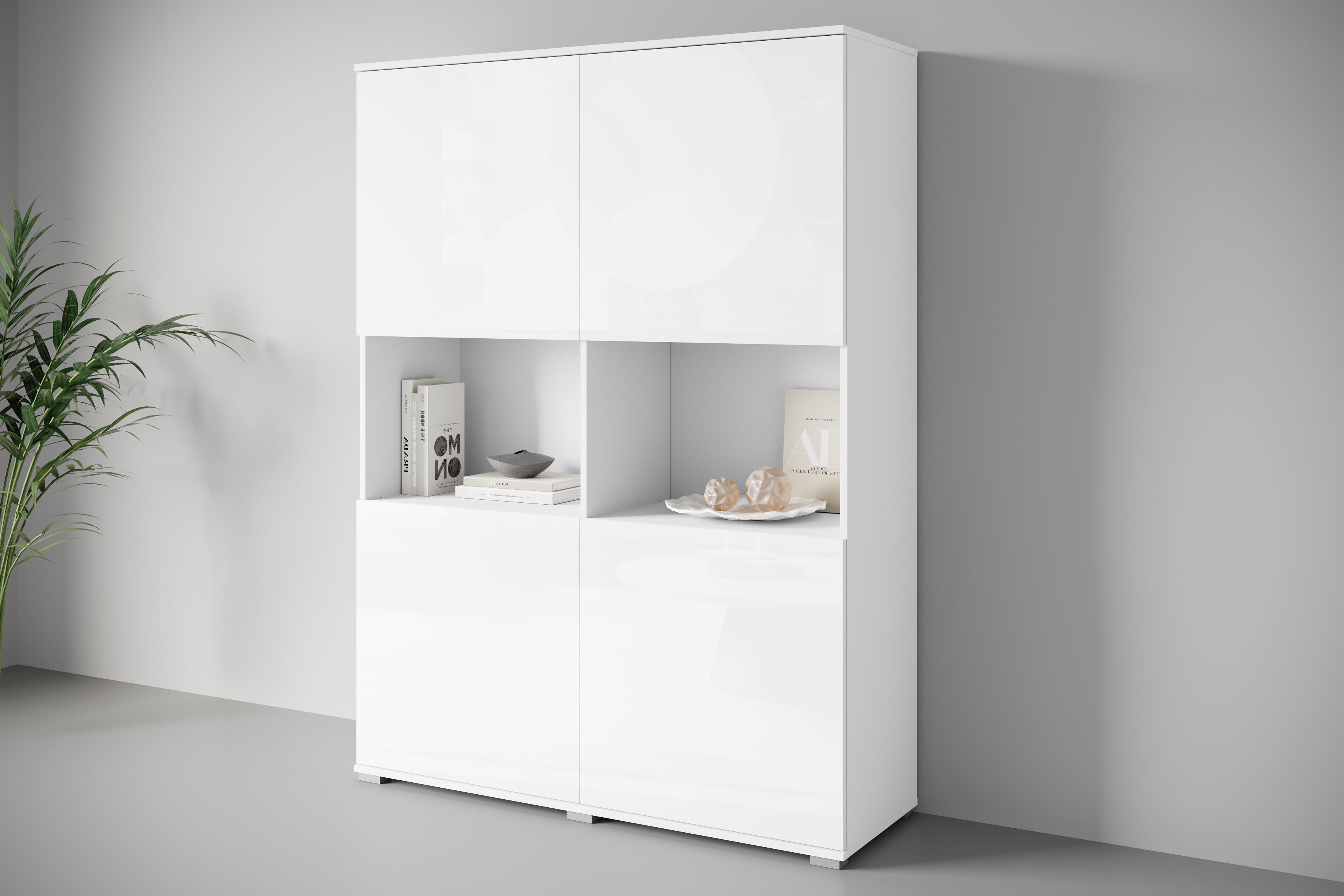 OTTO home Highboard "Kenia Schrank, 120 cm breit, mit 4 Türen und 2 offenen Fächern" 1 Stk. tlg. Griffloses Design mit Push-to-Open und verstellbaren Einlegeböden