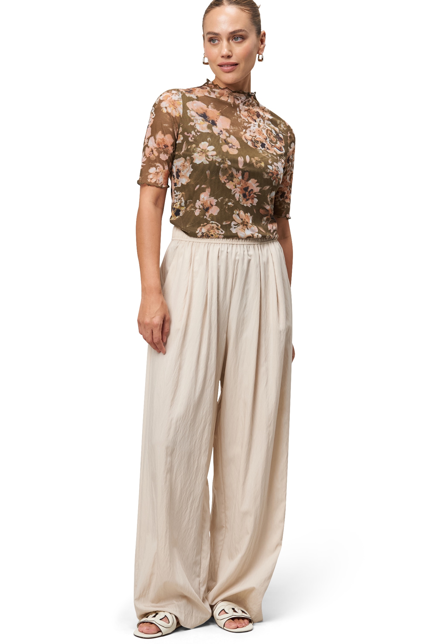 Zero Kurzarmshirt »zero Mesh-Blumen-Shirt mit hohem Kragen«, (1 tlg.), Rüschen