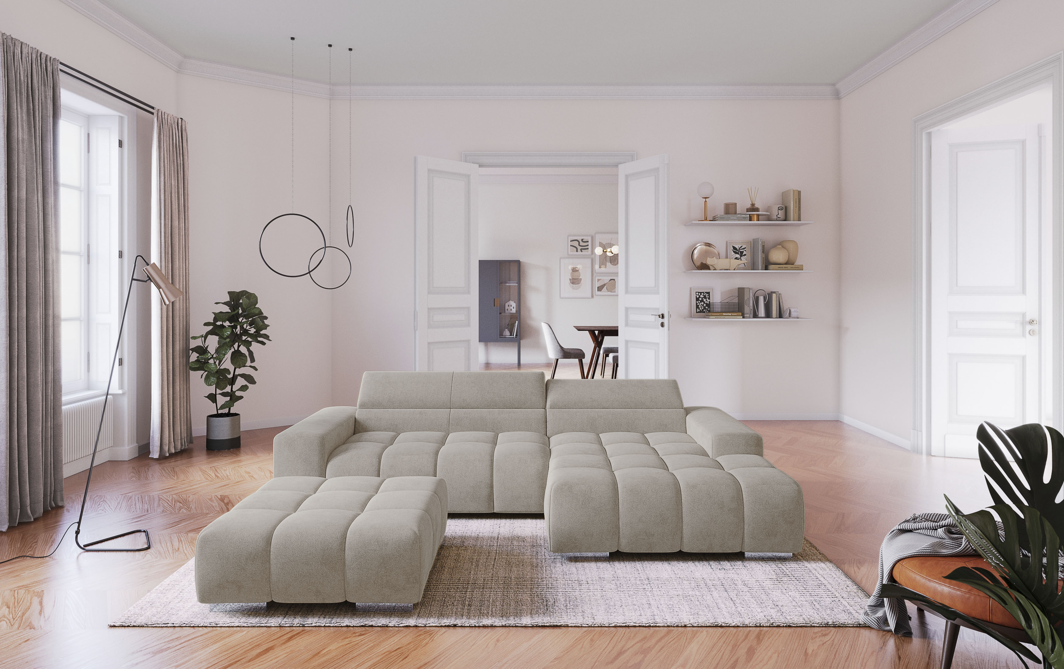 COTTA Ecksofa "Orion L-Form, B: 307 cm, moderne Steppung, bequeme Wellenunterfederung" 2x Kopfteilverstellung & 3 Nierenkissen