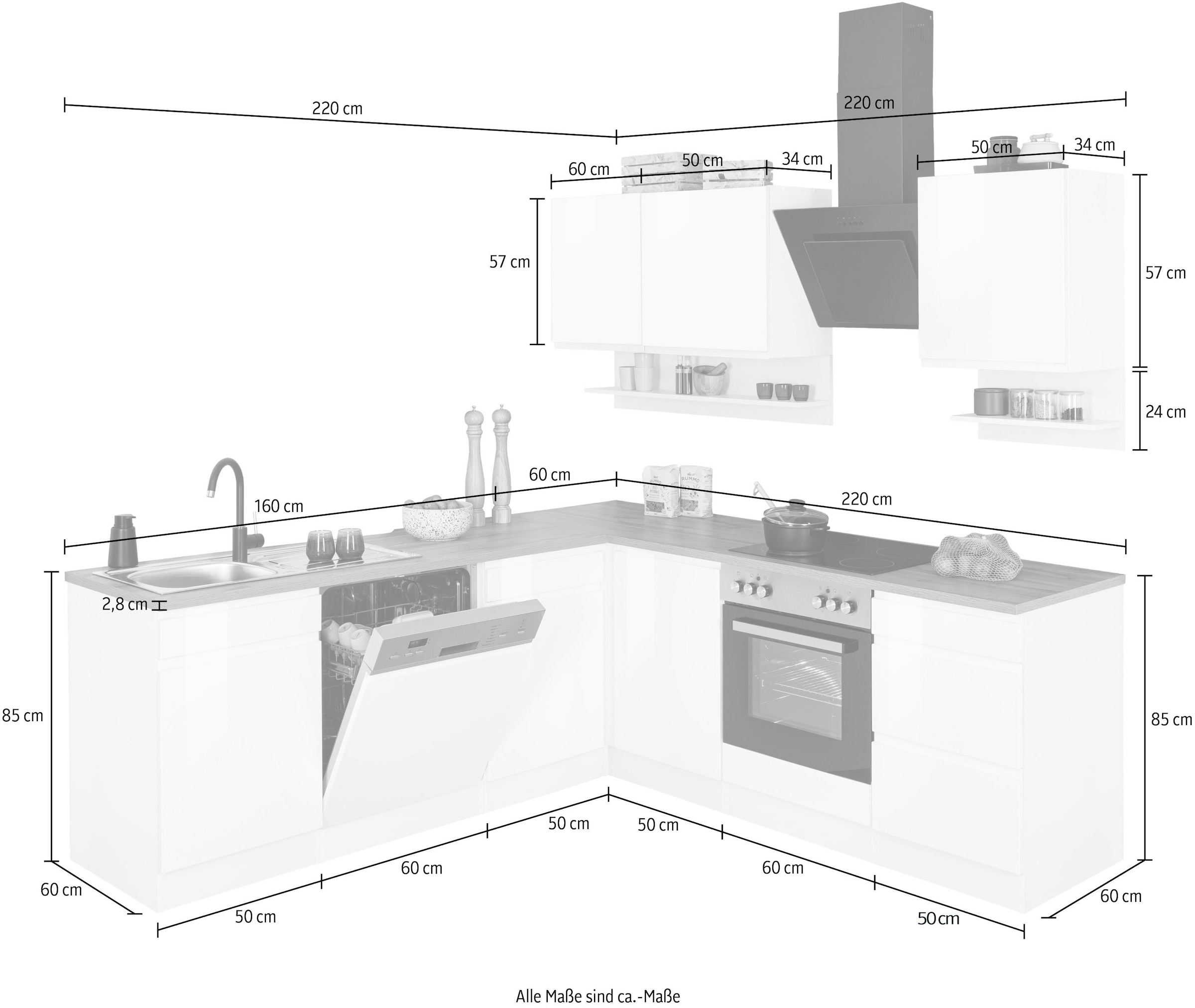 KOCHSTATION Winkelküche »KS-Virginia«, Stellbreite 220/220 cm, wahlweise mit E-Geräten