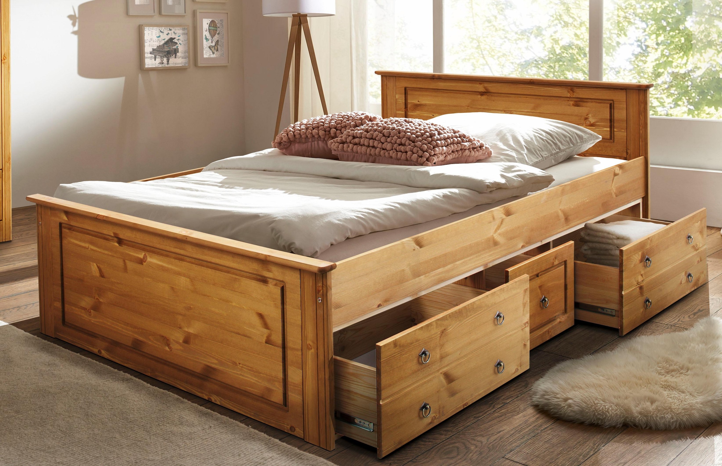 OTTO home Massivholzbett "Hugo, FSC zertifiziert, Landhausstil, zeitlos und edel" auch als Super Sparset inklusive Schubkästen, Stauraumbett, extra belastbar, Made in EU, viele Breiten