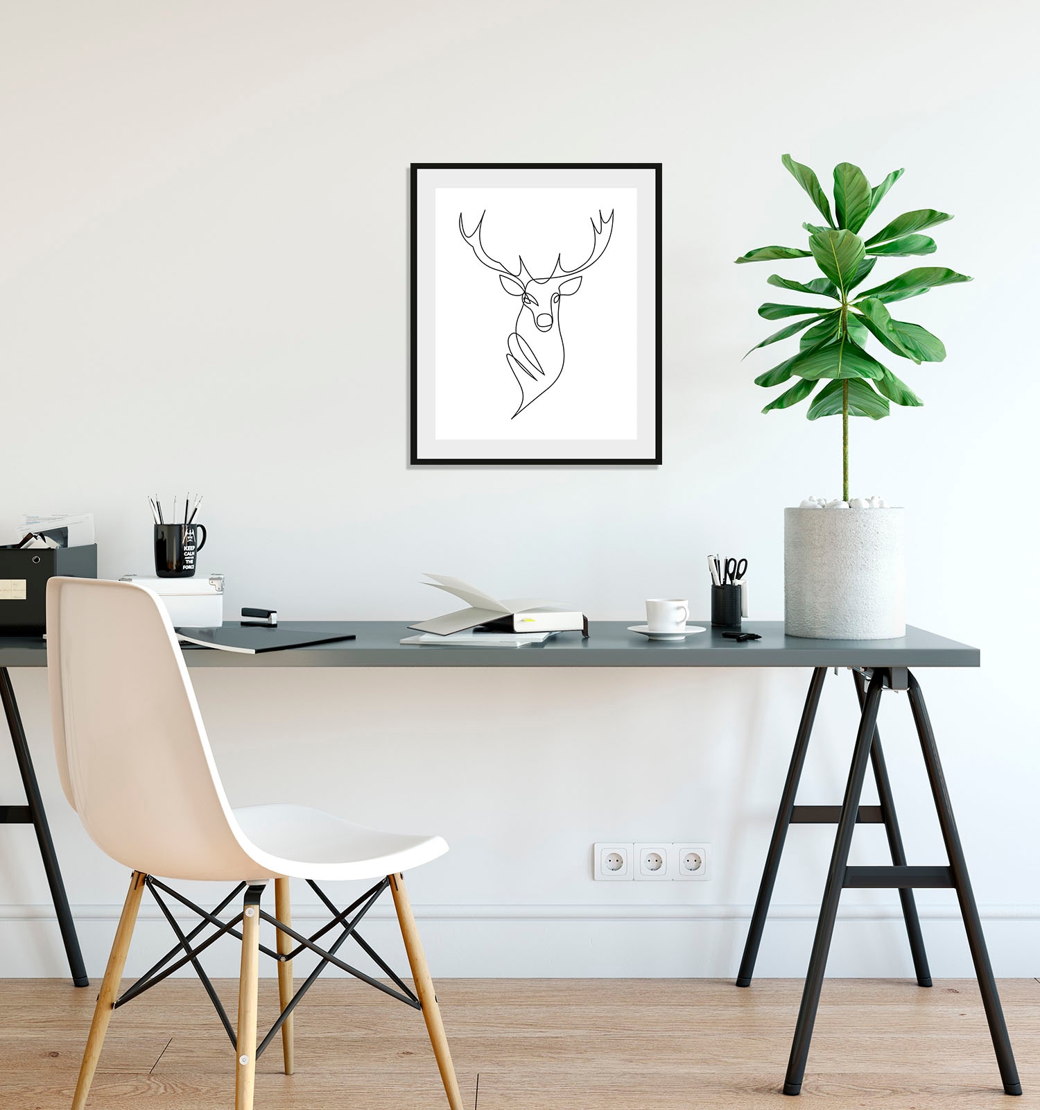 queence Bild "Walt" Hirsch Hirschbilder Kunst Schwarz-Weiß 1 Stk. tlg. HD Premium Poster-Druck inkl. Holzrahmen