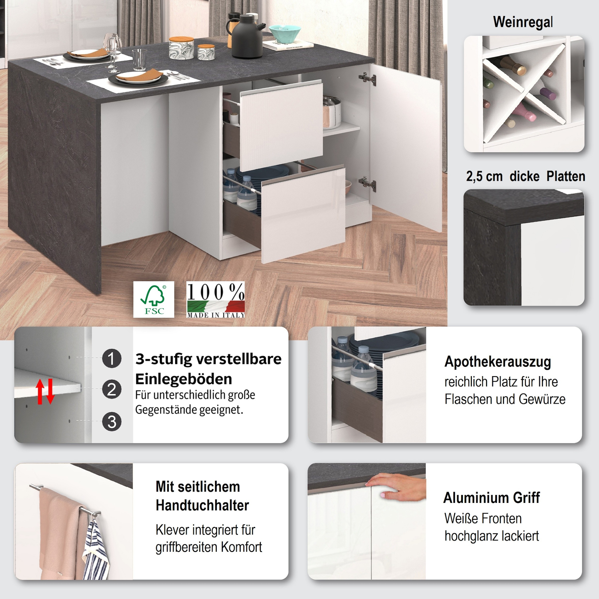 KOCHSTATION Kücheninsel »KS-Sole, Kochinsel, Küchenarbeitsblock, Inselküche, Arbeitsinsel« Breite 152,5 cm, mit Essplatz, Handtuchhalter, Fächer und Weinregal