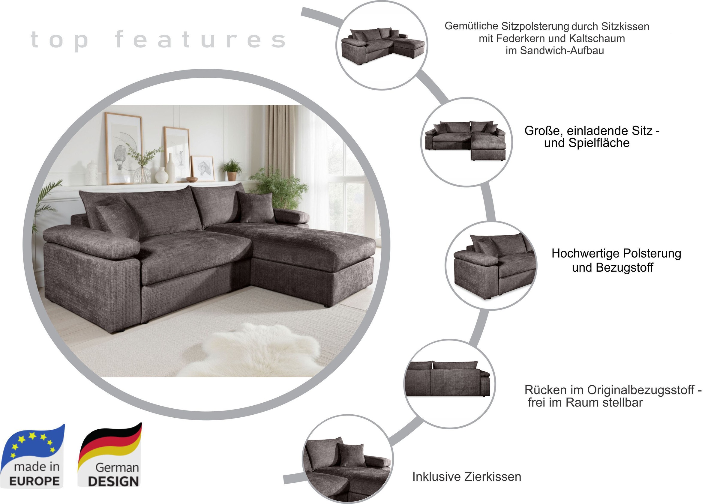 Thumbnail - OTTO home Ecksofa "Cosy L-Form, Breite 234 cm, Sitzaufbau im Sandwich-Federkern" mit Kaltschaumauflage, Bezüge in Cord o...