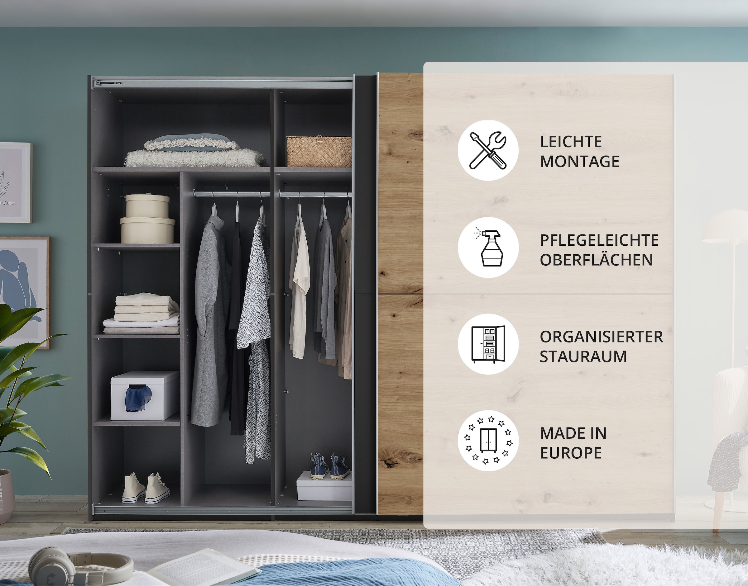 Schlafkontor Schwebetürenschrank »Mesio, 2-türiger Kleiderschrank, Schiebetürenschrank mit viel Stauraum«, inklusive Hoteleinteilungen außen und Einlegeböden oben