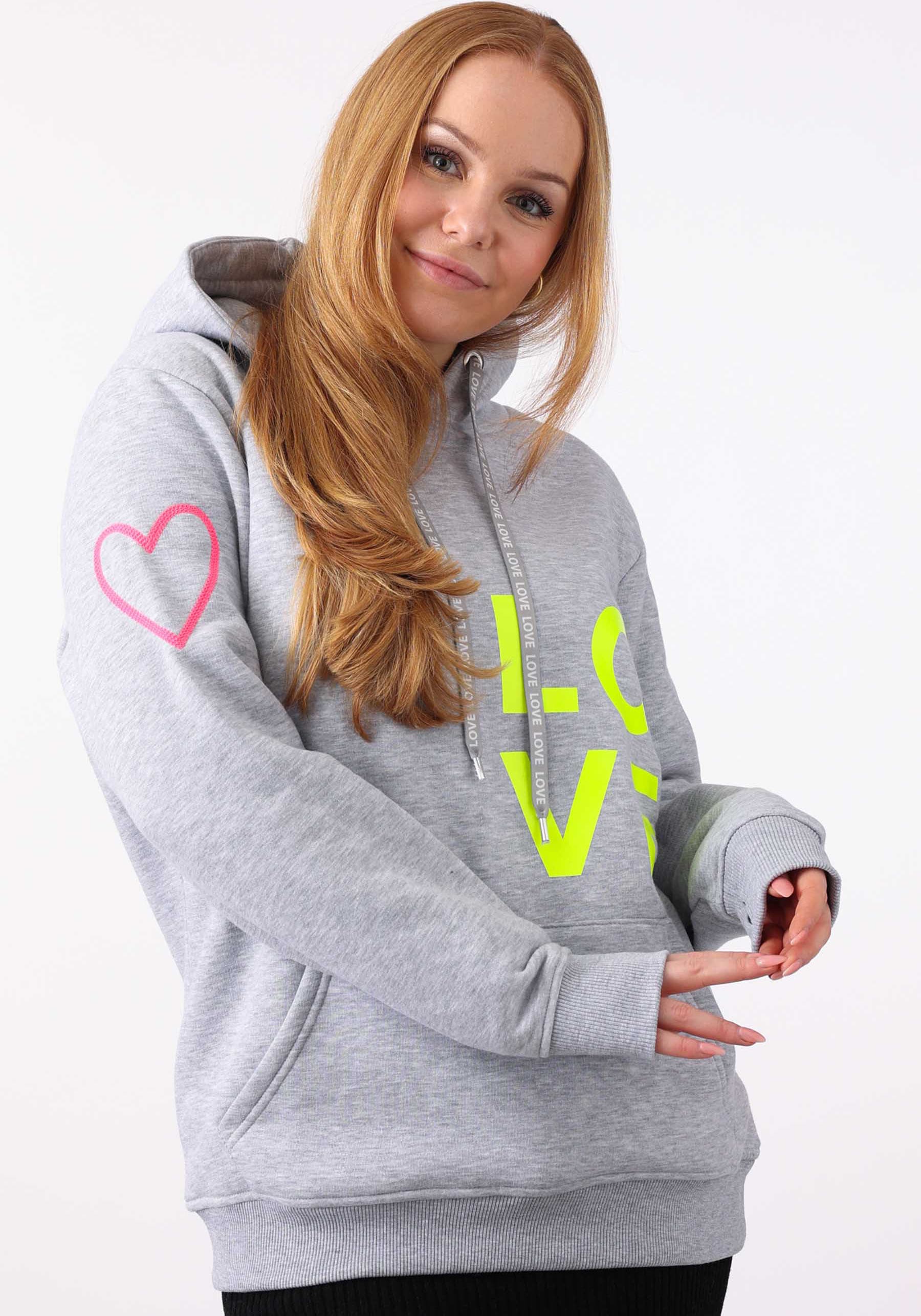 Zwillingsherz Kapuzensweatshirt, mit "Love"-Print und gesticktem Neonherz am Ärmel