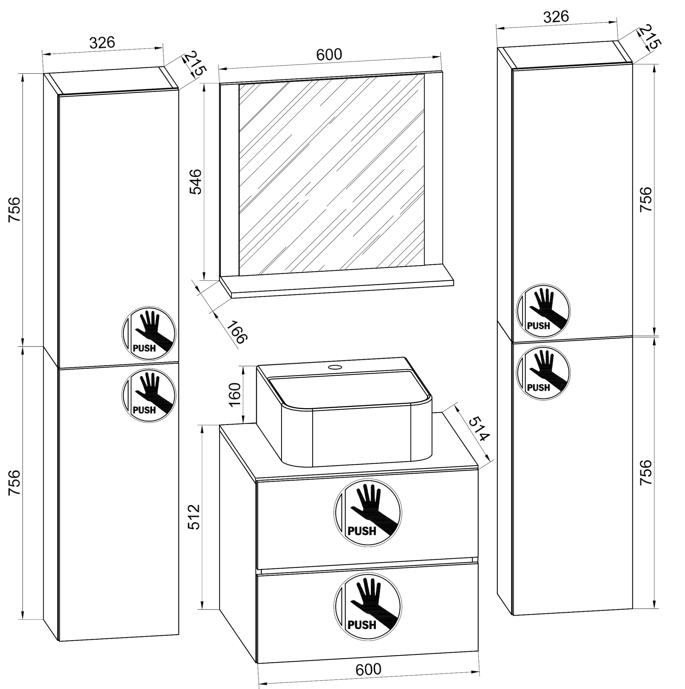 VCM Waschbeckenunterschrank »VCM 5-tlg. Waschplatz Waschtisch Badmöbel Set Waschbecken Lendas BL Breite 60 cm XL Schublade«, (5 St.)