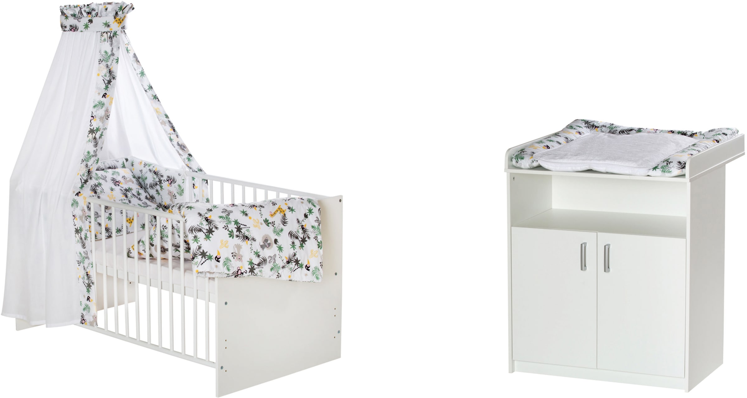 Schardt Babymöbel-Set »Sienna White II«, (Spar-Set, 2 St., Kinderbett, Wickelkommode), Kinderbett mit textiler Ausstattung und Wickelkommode, Wickelauflage