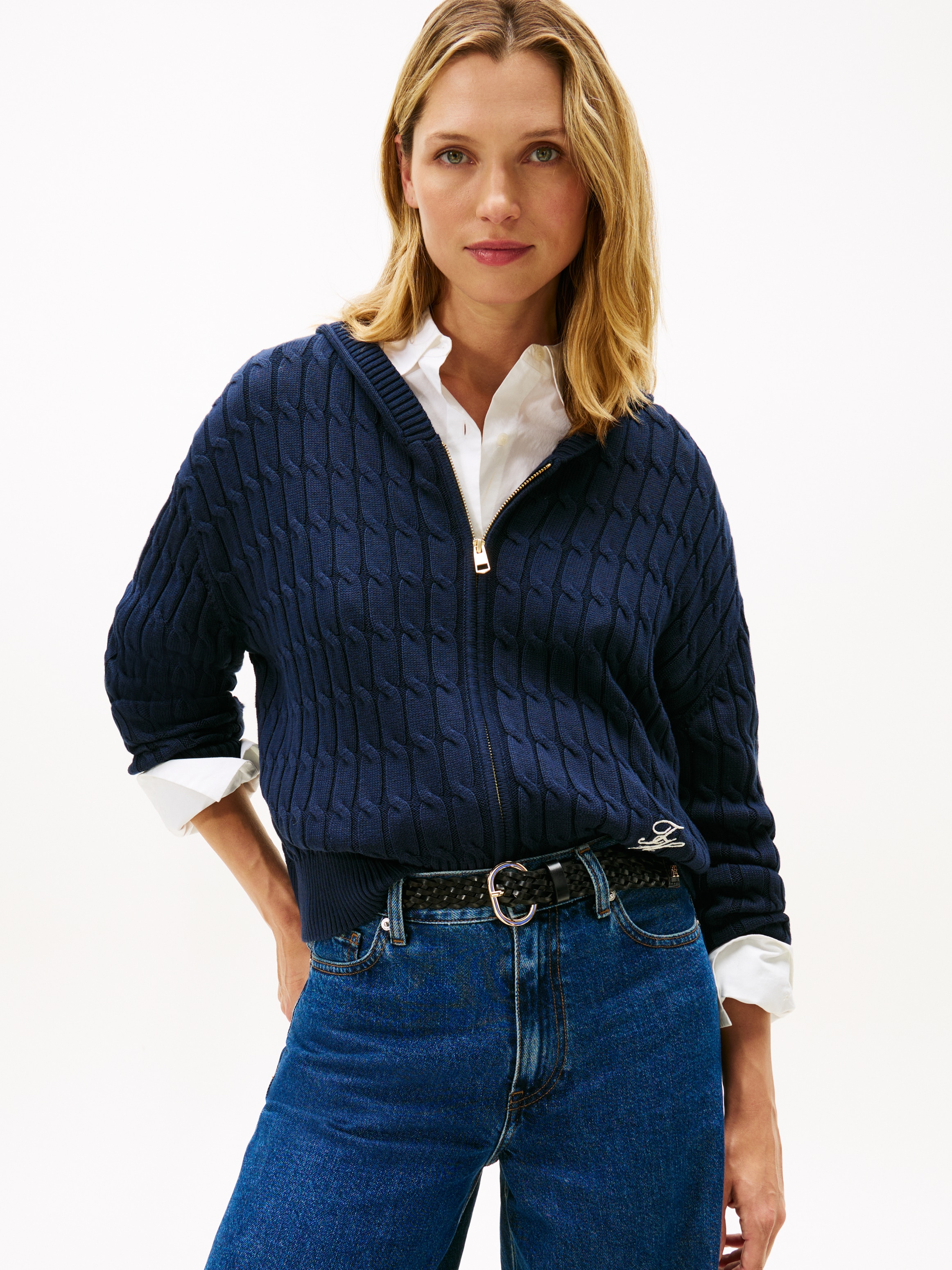 Tommy Hilfiger Kapuzenstrickjacke "CO CABLE MID GG LS ZIP HOODY" mit Zopfst günstig online kaufen