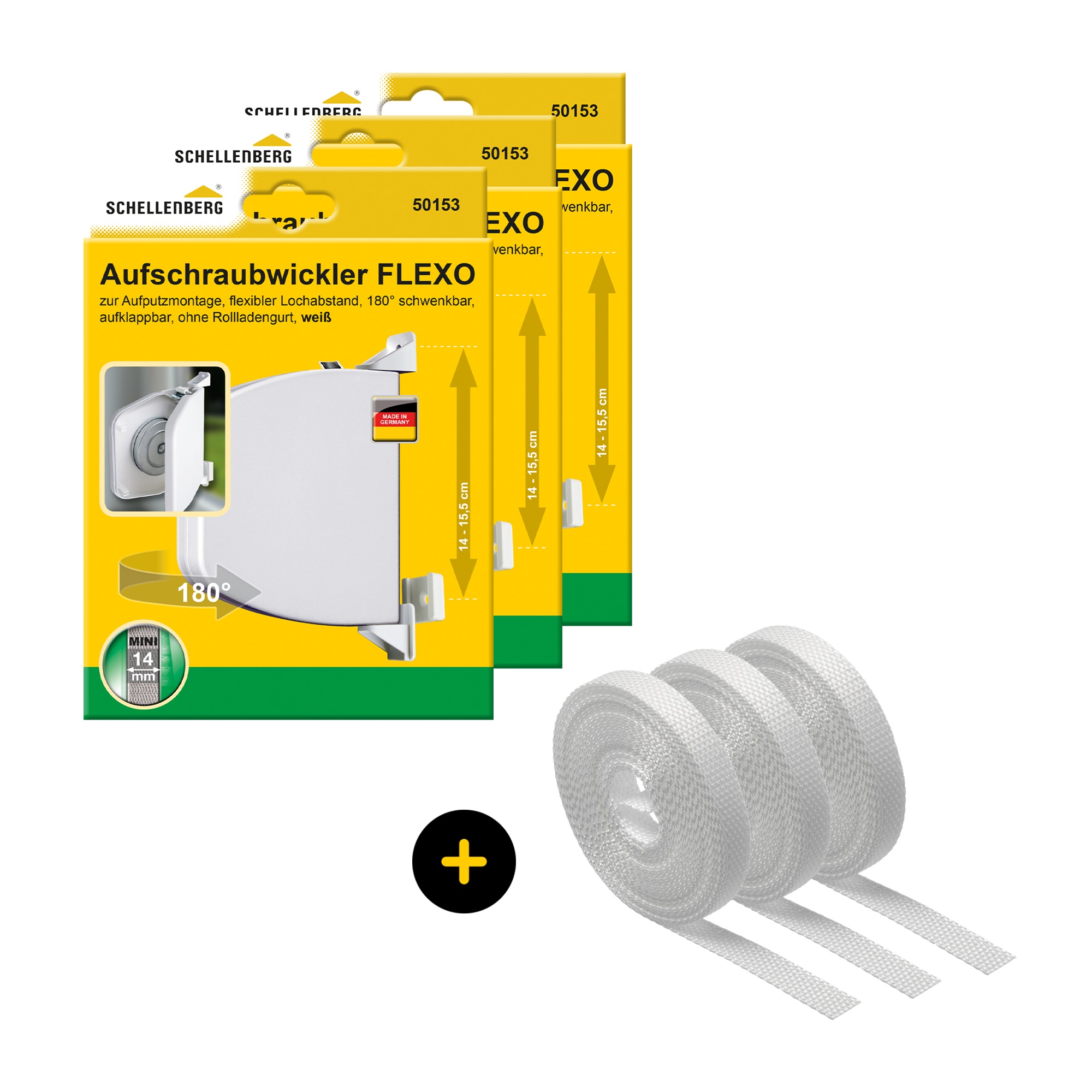 SCHELLENBERG Aufputz-Gurtwickler "Flexo für das Rollladensystem Mini, inkl. Rollladengurt in weiß", 3 Stk., weiß, Gurtwickler, Aufschraubwickler