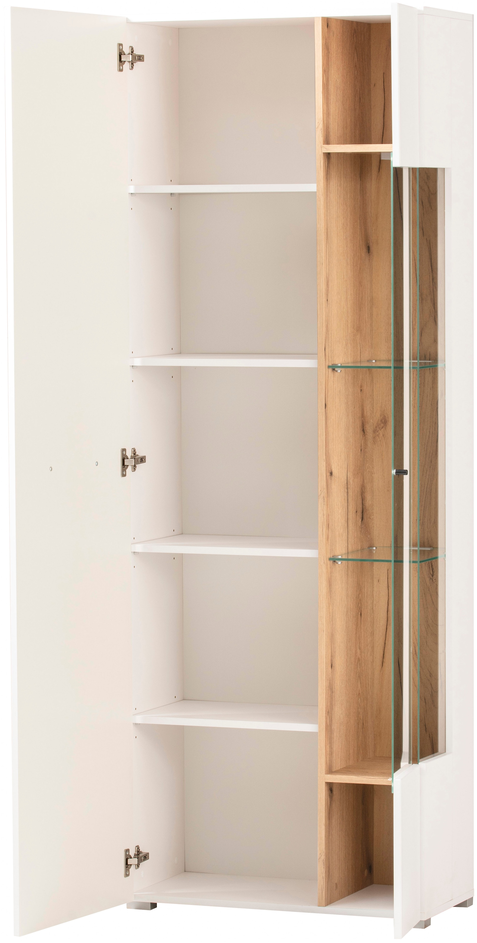 INOSIGN Wohnwand »Salerno, moderne Anbauwand, Wohnzimmer-Set, Weiß mit Eiche Evoke Dekor«, (Set, 3 St.), enthält Vitrine, Lowboard + Wandboard, Metallgriffe, 287 cm breit