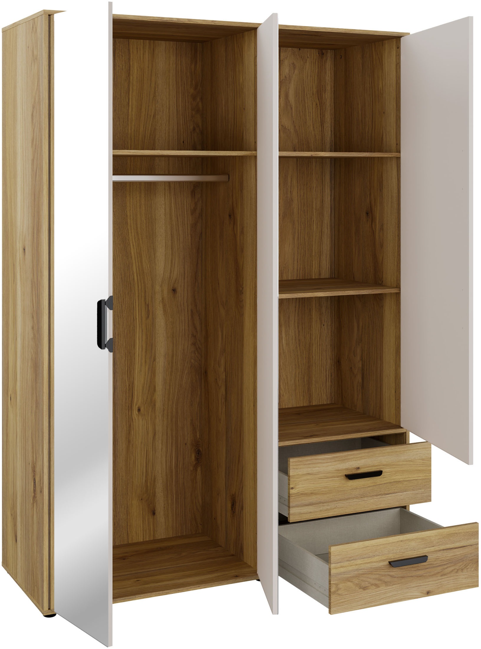 FORTE Drehtürenschrank »Schrank mit Spiegel, zeitloses Design, 3türig« viel Stauraum, Schubladen, Spiegeltürenm Höhe 200 cm