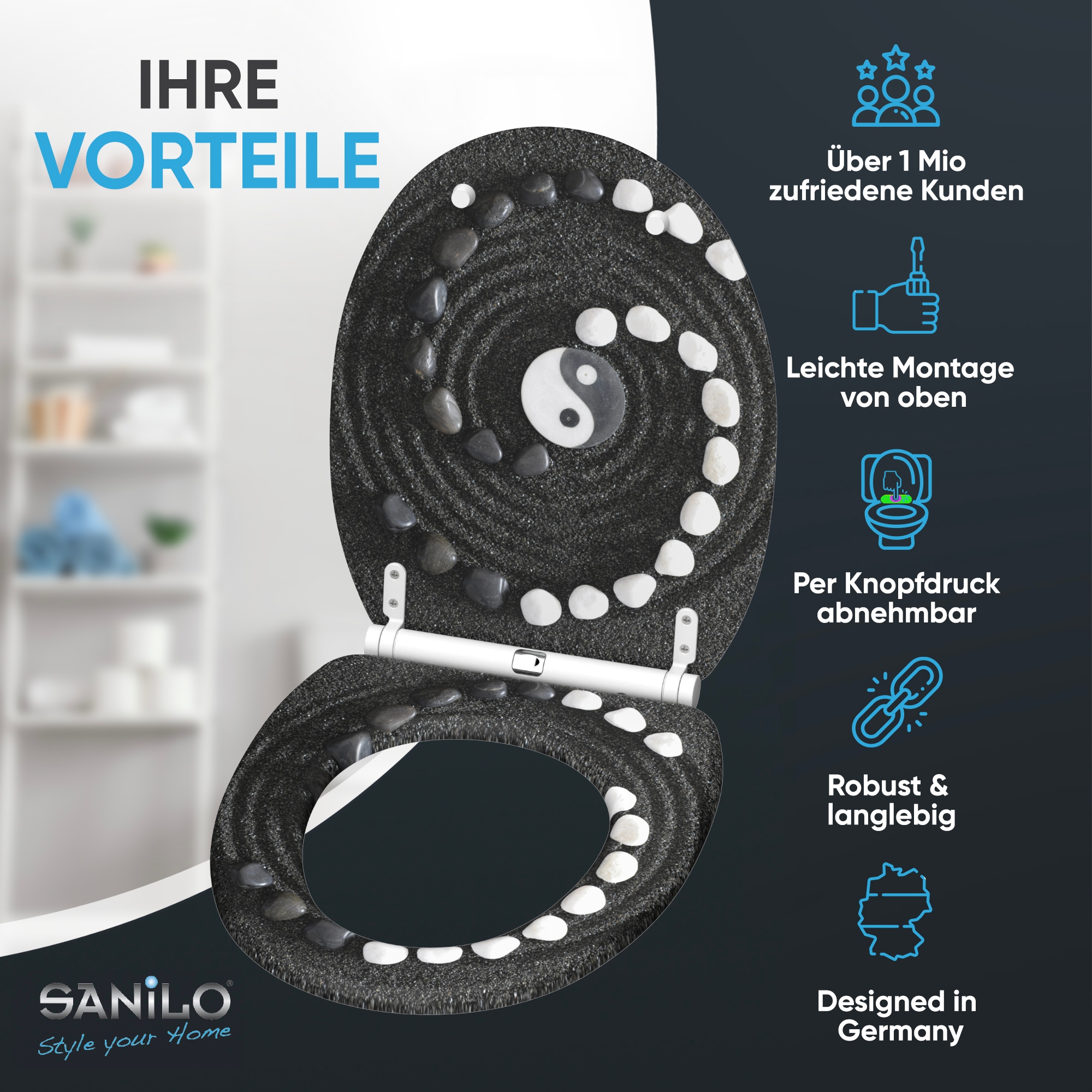 Sanilo WC-Sitz »Yin Yang mit Absenkautomatik & Quick Release« Premium Toilettendeckel, abnehmbar, leichte Montage von oben