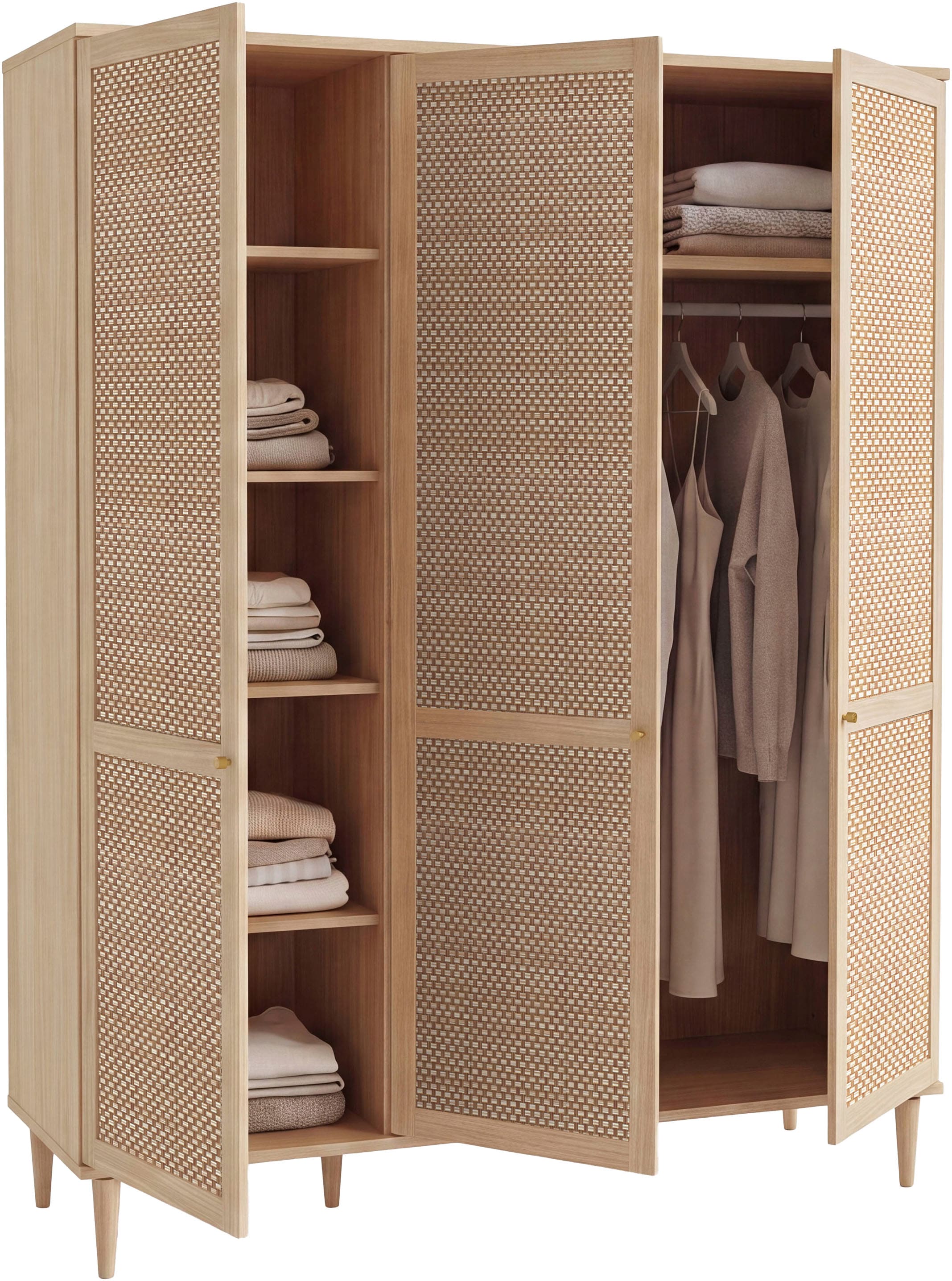 OTTO home Kleiderschrank »ELLIAN mi tWiener Geflechtoptik und warmem Holzdekor« Holzfüße, Metallgriffe, Made in EU, viel Stauraum, FSC® zertifiziert