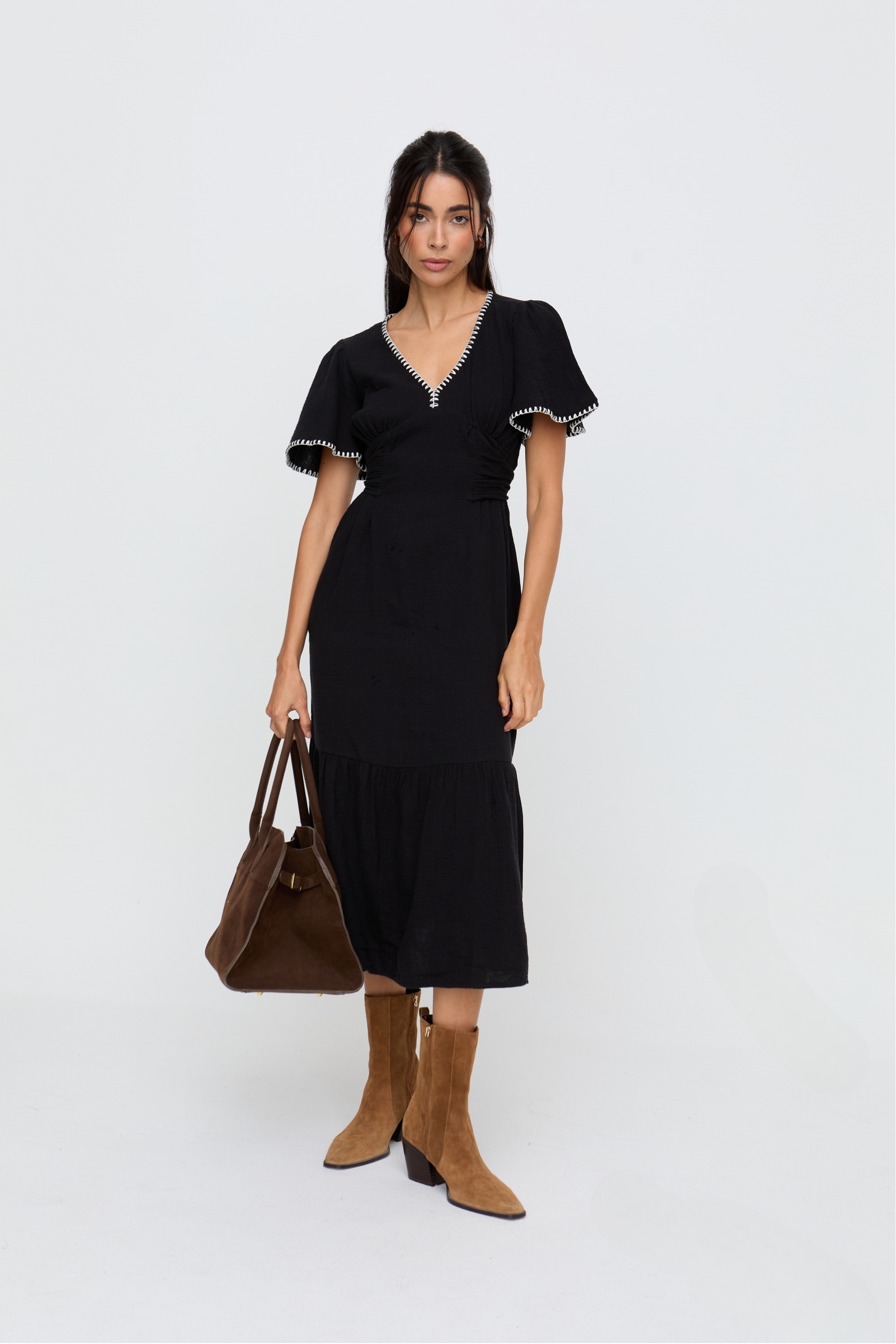 RAFFYA Midikleid "Delilah V-Neck Front Tie Midi Dress Damen" günstig online kaufen