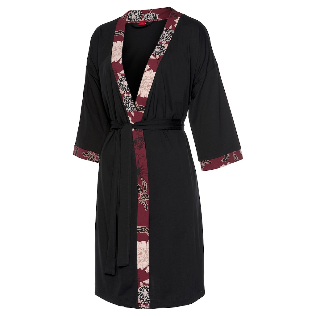 Damenmode Cotton made in Africa s.Oliver Kimono, mit Blumen-Dessin schwarz-bordeaux