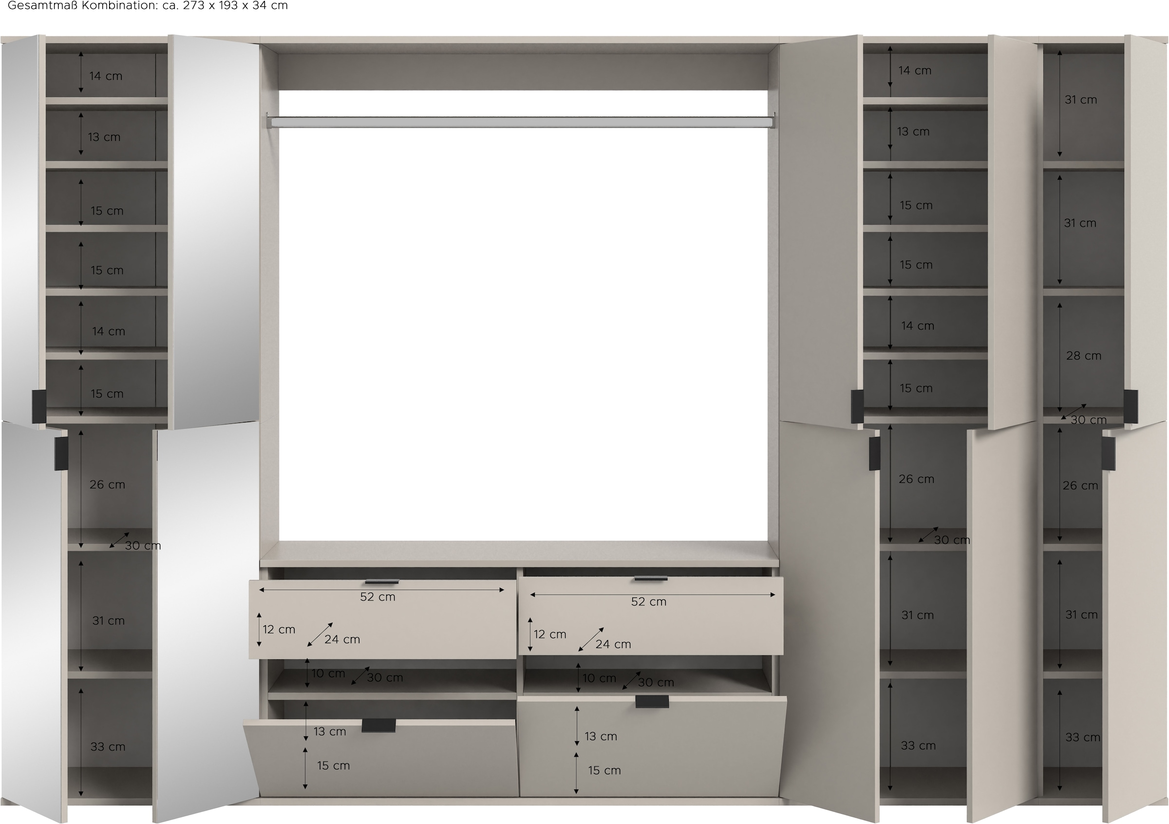 Home affaire Garderoben-Set »TRONDHEIM, 6-teilig, Breite 273cm, individuell platzier- & erweiterbar« Set, bestehend aus: 3x Garderobenschrank & 3-tlgs. Zwischenbauelement, 5 Stk. tlg.