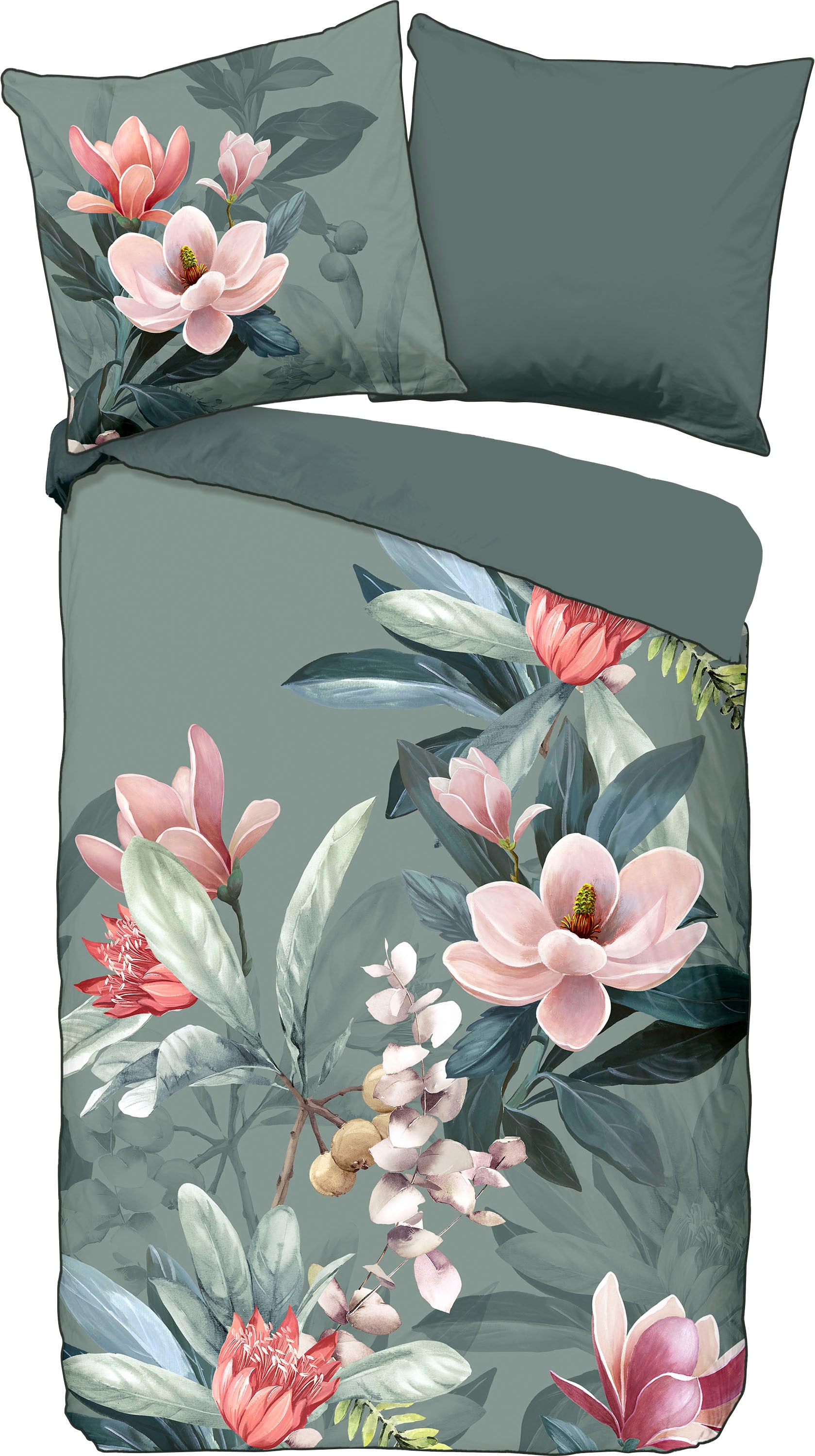 Descanso Wendebettwäsche »Parler«, Baumwolle, Satin, 135x200, Biese, Reißverschluss, Wende, Blumen, Grün