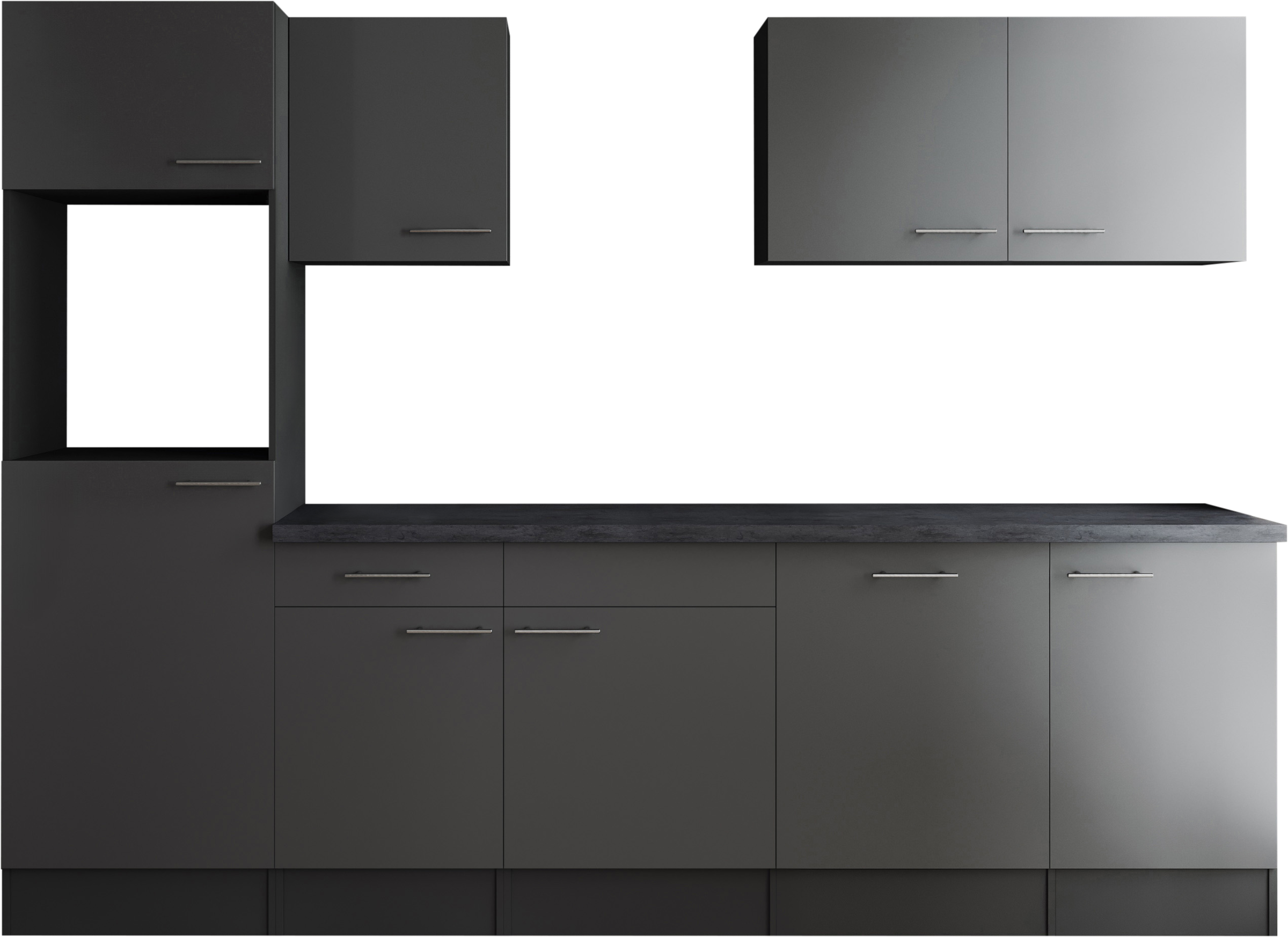 Küchenzeile RESPEKTA, B:280cm H:205cm T:60cmküche: grau, front: grau, korpus: grau matt, arbeitsplatte: granit optik, Komplettküchen-Sets, "Oliver",