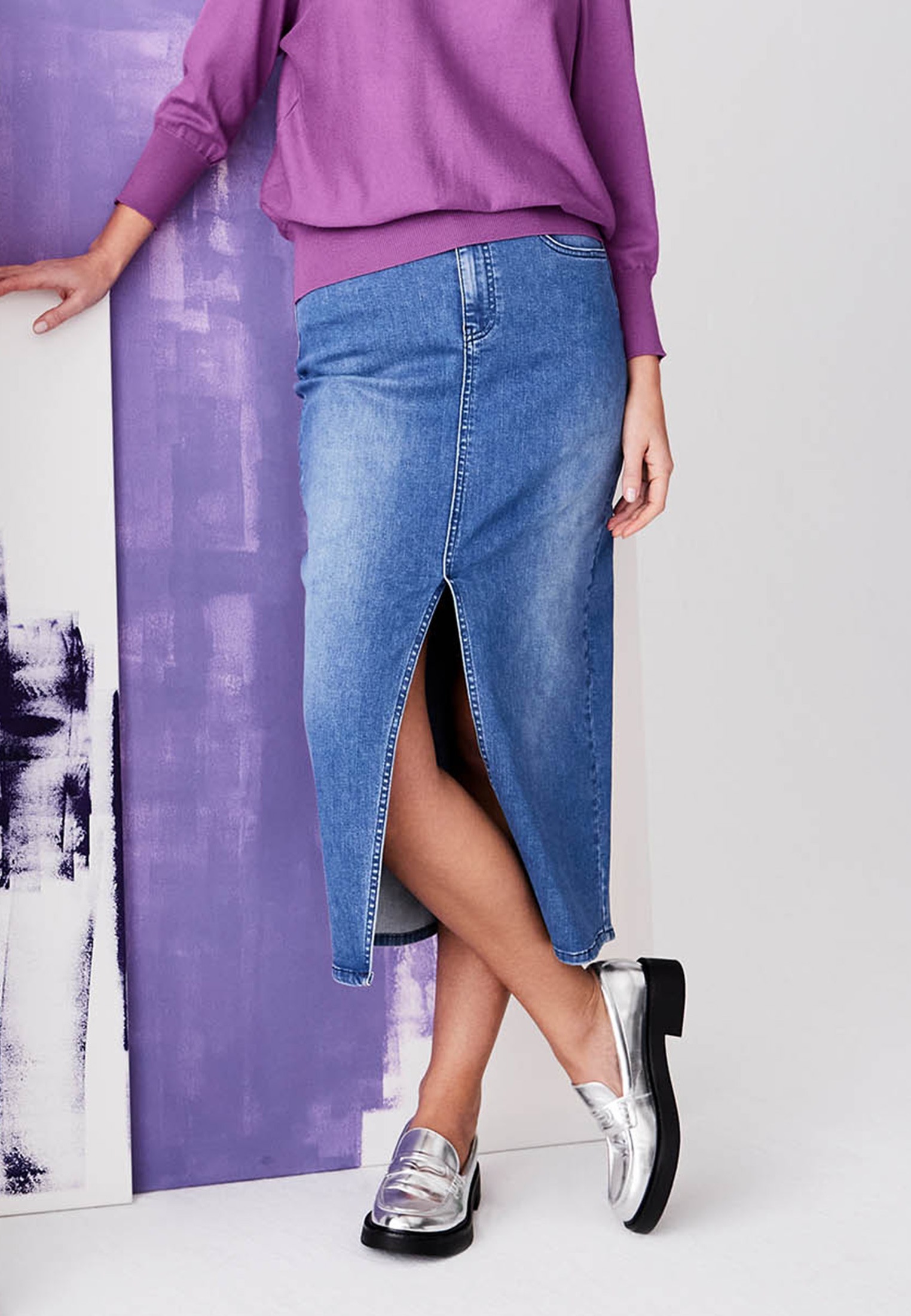 Zero Midirock »zero Jeansrock Midi mit Schlitz«, Schlitz