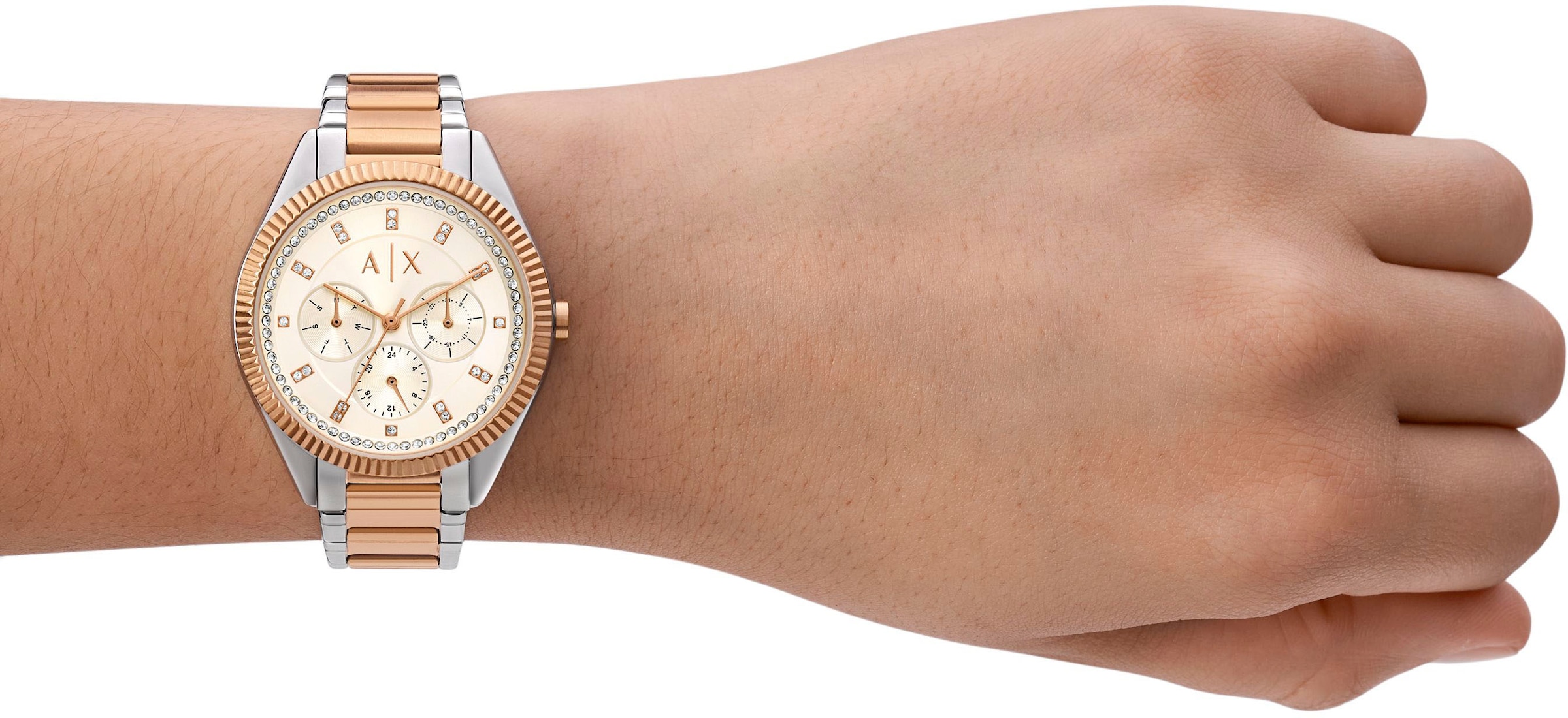 ARMANI EXCHANGE Multifunktionsuhr, Quarzuhr, Armbanduhr, Damenuhr, analog, Edelstahlarmbanduhr