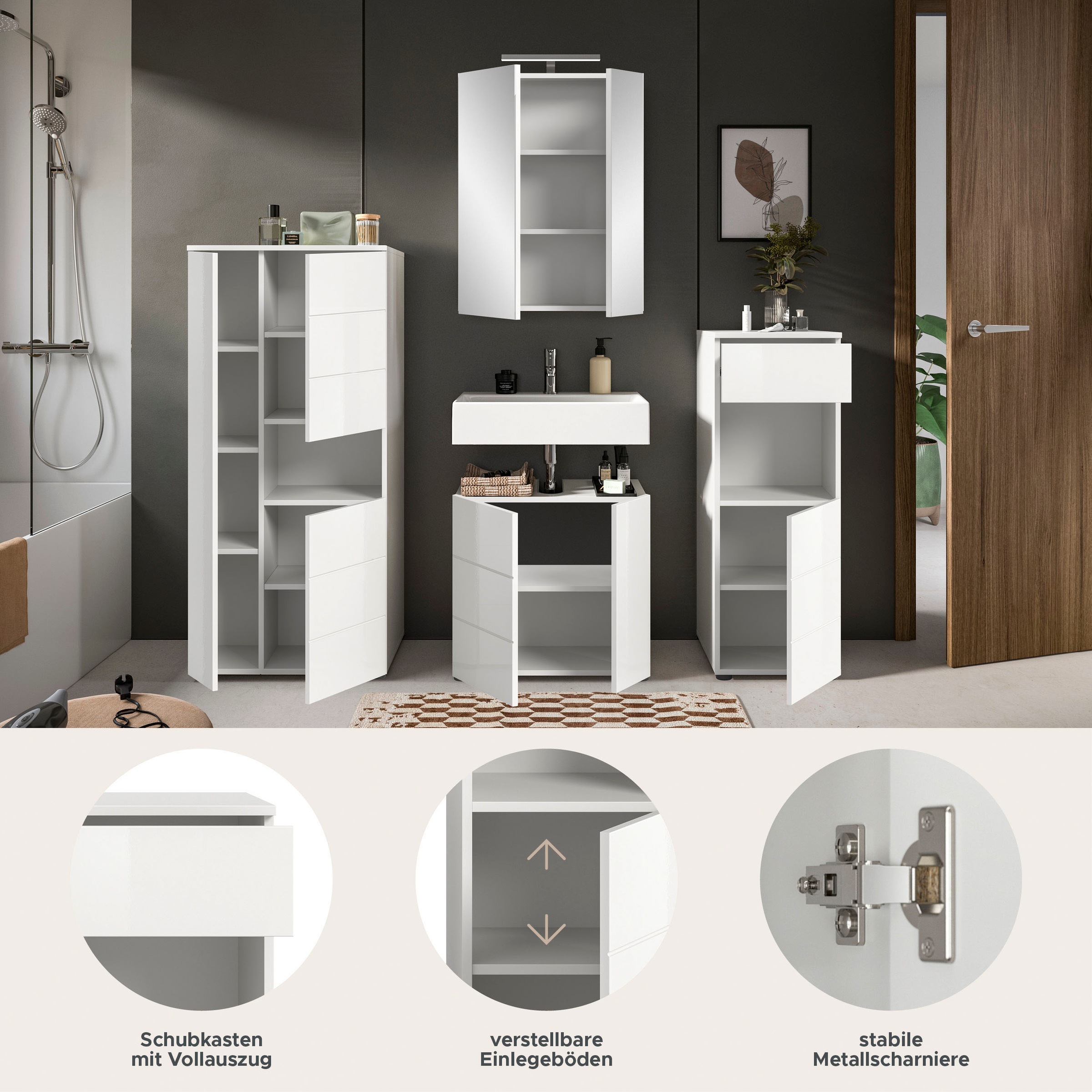 welltime Badmöbel-Set "Biel, Höhe 190 cm,Hochschrank,WBU, Spiegelschrank, U günstig online kaufen