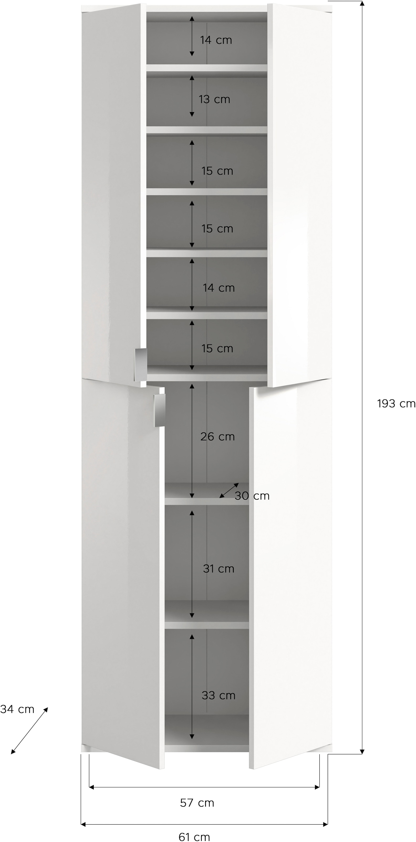 INOSIGN Mehrzweckschrank »Trondheim, Höhe 193 cm, 4 Türen, 9 Fächer, 7 Einlegeböden«, inkl. ausziehbarer Kleiderstange, Garderobenschrank, Kleiderschrank
