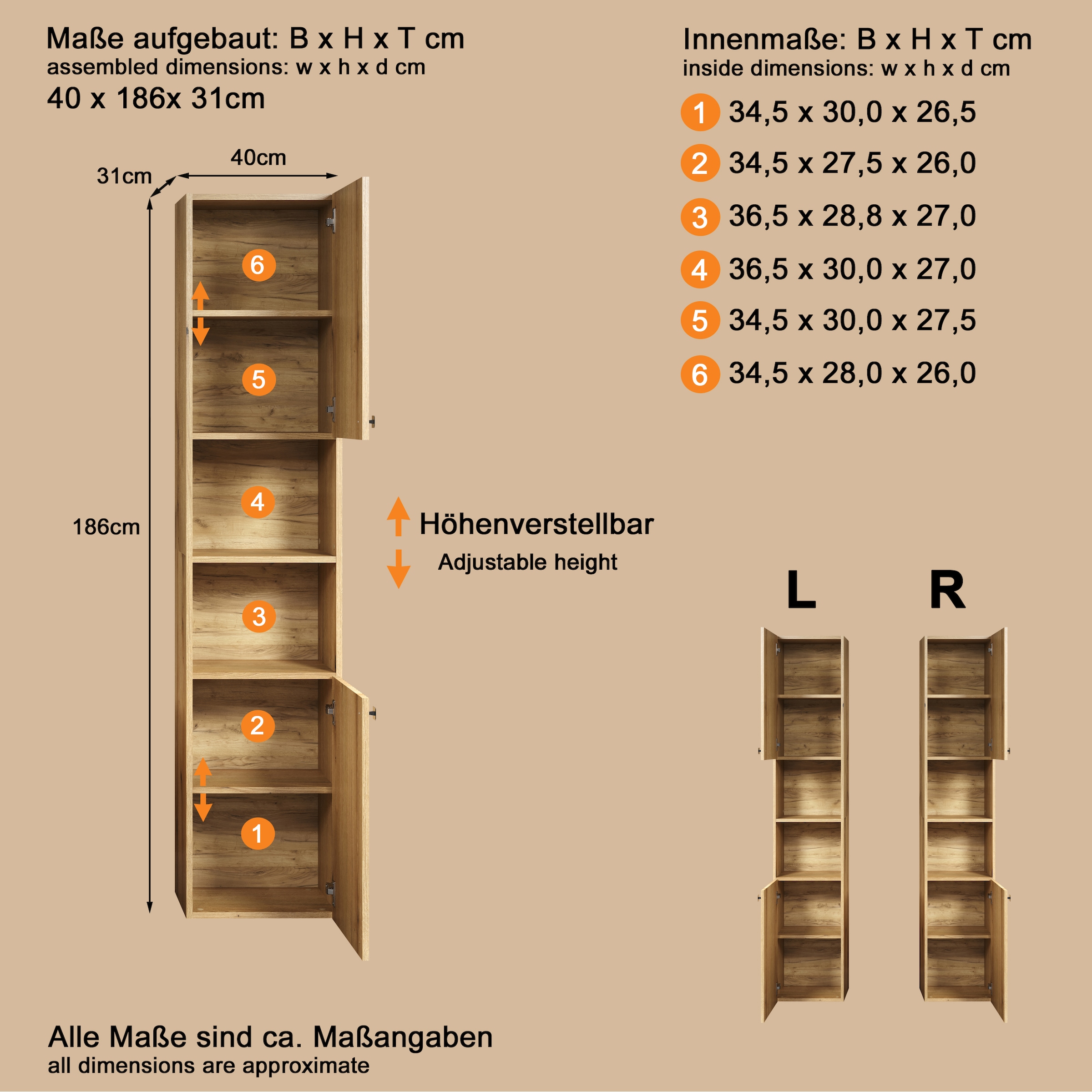 welltime Hochschrank »Amrum«, (1 St.), Badezimmerschrank mit und ohne Schublade - (B/T/H) 40-70/31/186 cm