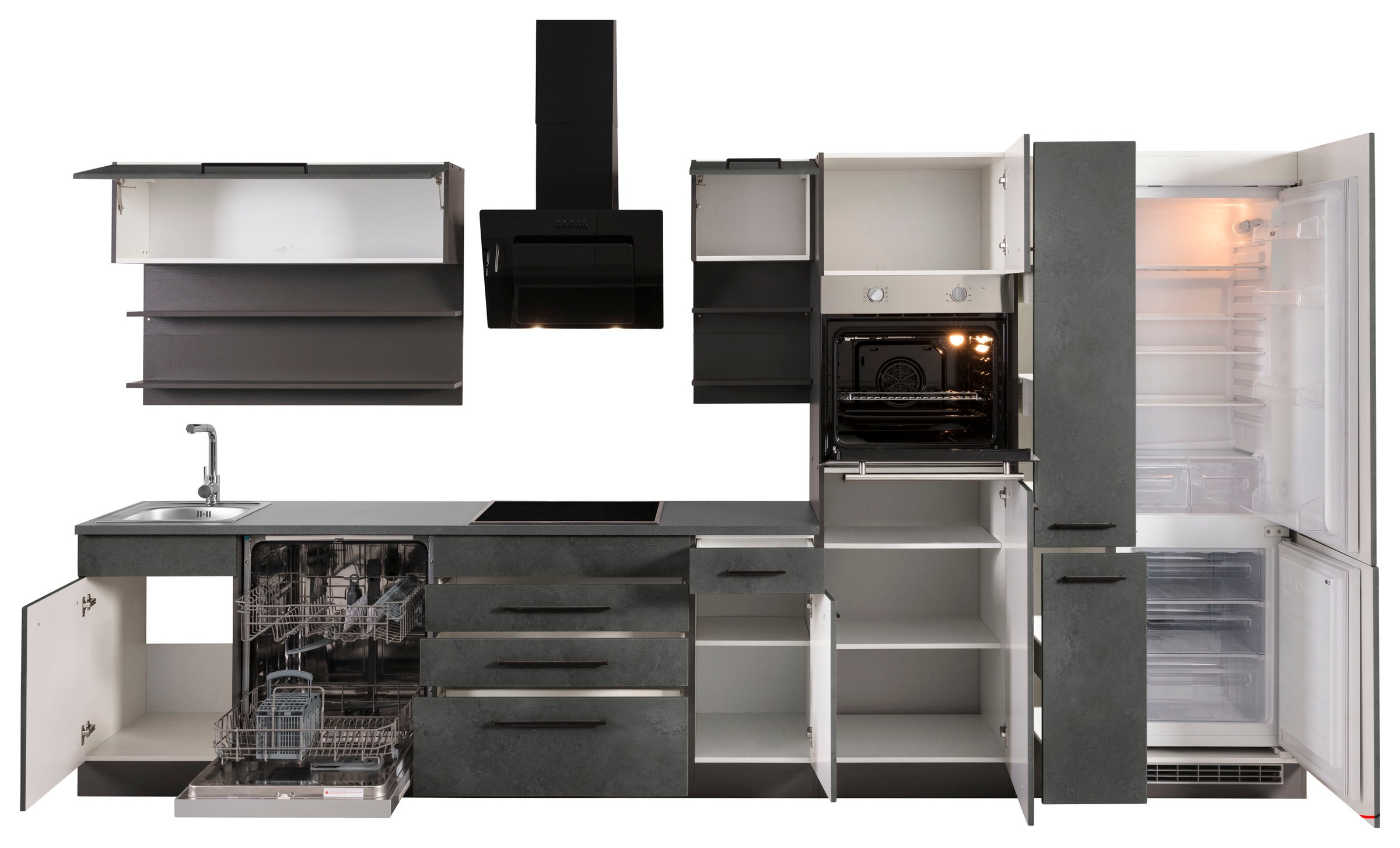 KOCHSTATION Küchenzeile »KS-Tulsa«, ohne E-Geräte, Breite 380 cm, schwarze Metallgriffe, MDF Fronten