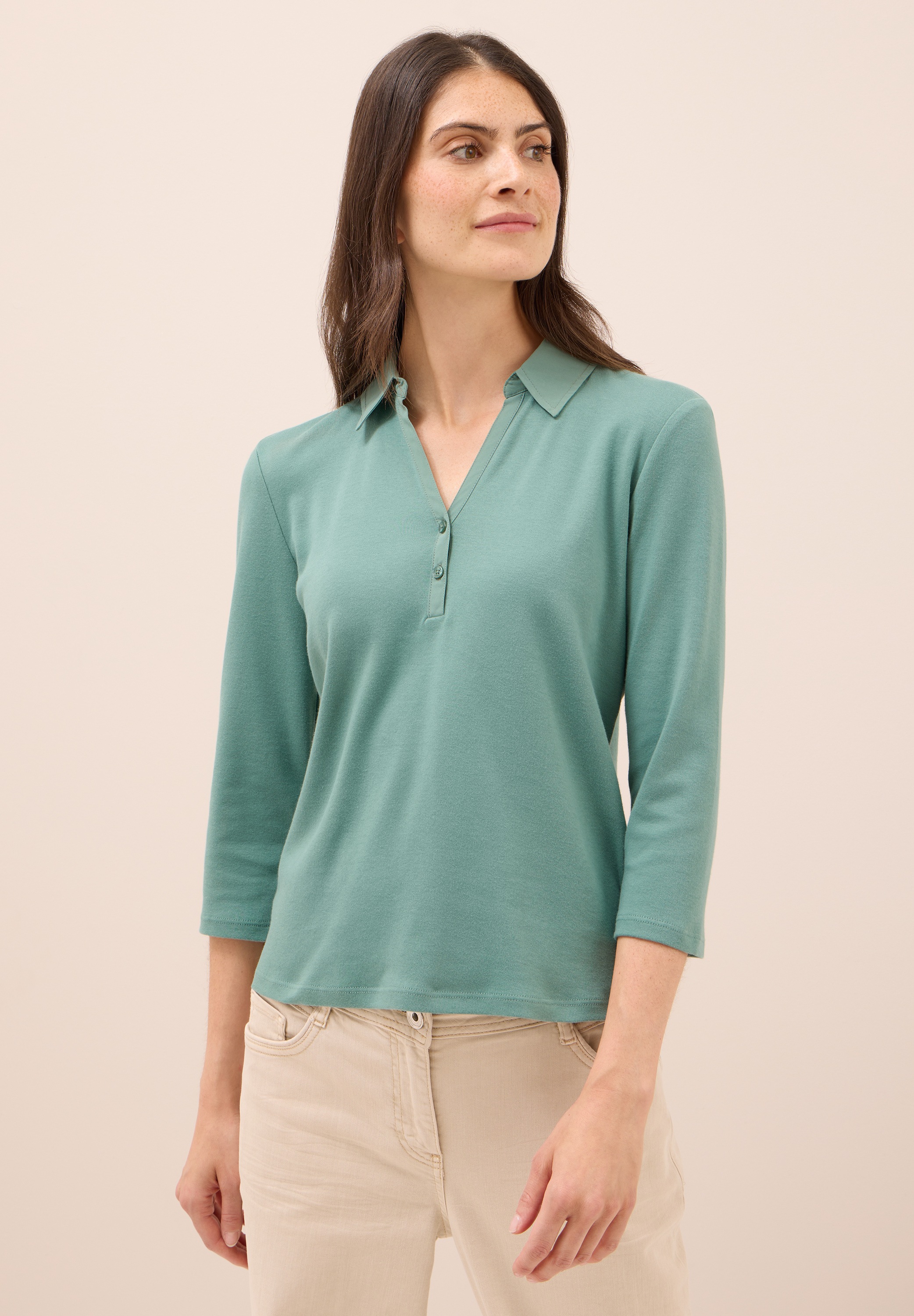 Poloshirt CECIL, Damen, Gr. S (38), grün (jewel grün), Web, 100% Baumwolle, unifarben, normal normal, hoch geschlossener Ausschnitt, abgesteppt, Shirts, aus reiner Baumwolle