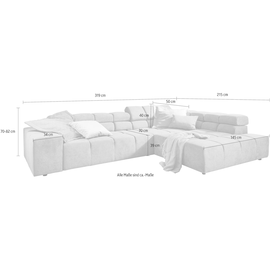 INOSIGN Ecksofa »Ancona incl. Kopfteilverstellung, Zierkissen Breite 319cm, L-Form«, wahlweise motorische Sitztiefenverstellung, auch in Cord + Easy Care