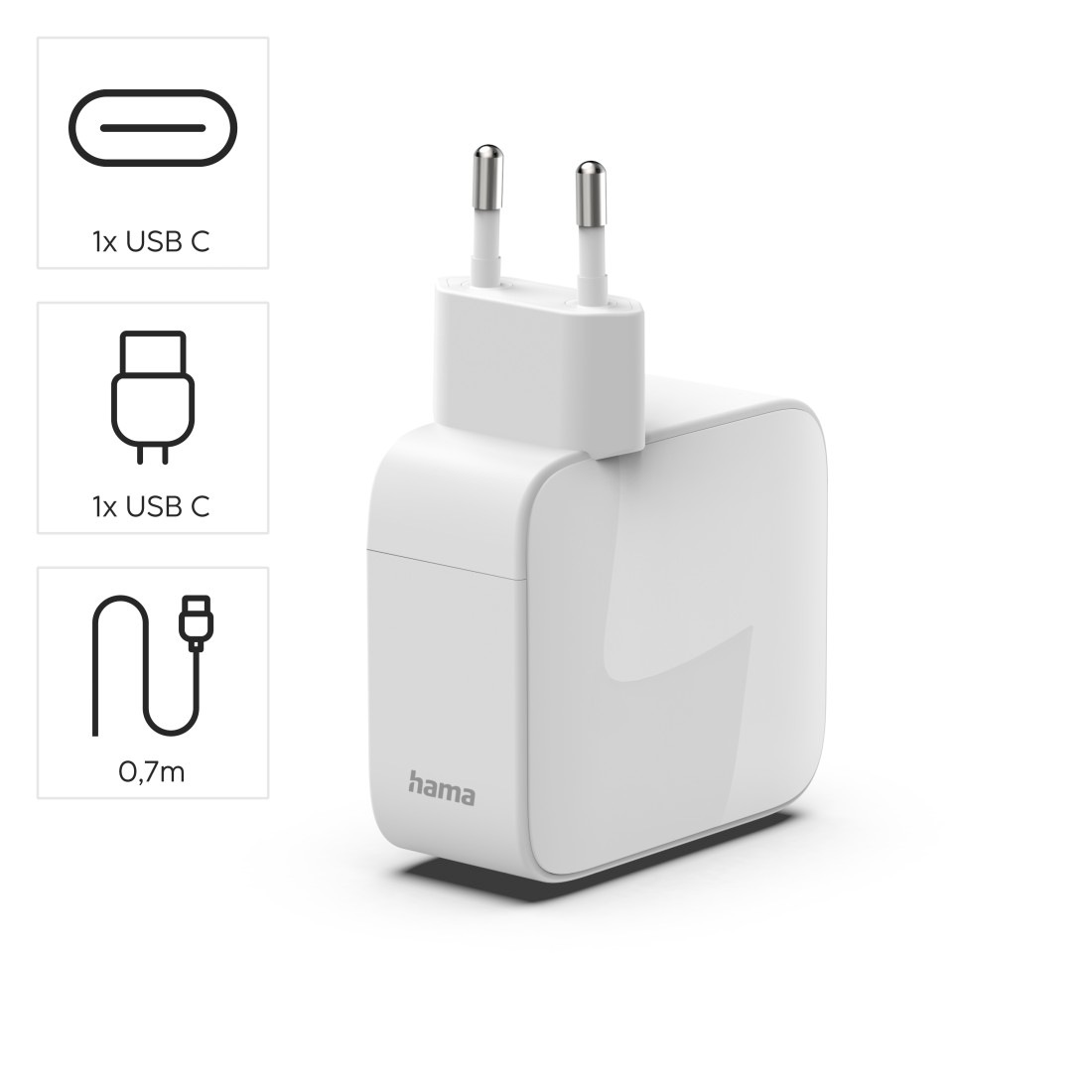 Hama Schnelllade-Gerät »Schnellladegerät mit ausziehbarem Ladekabel, 2x USB-C, 65 W, Weiß« Power Delivery, Fast Charge, GaN-Technologie, USB-C-Kabel integriert