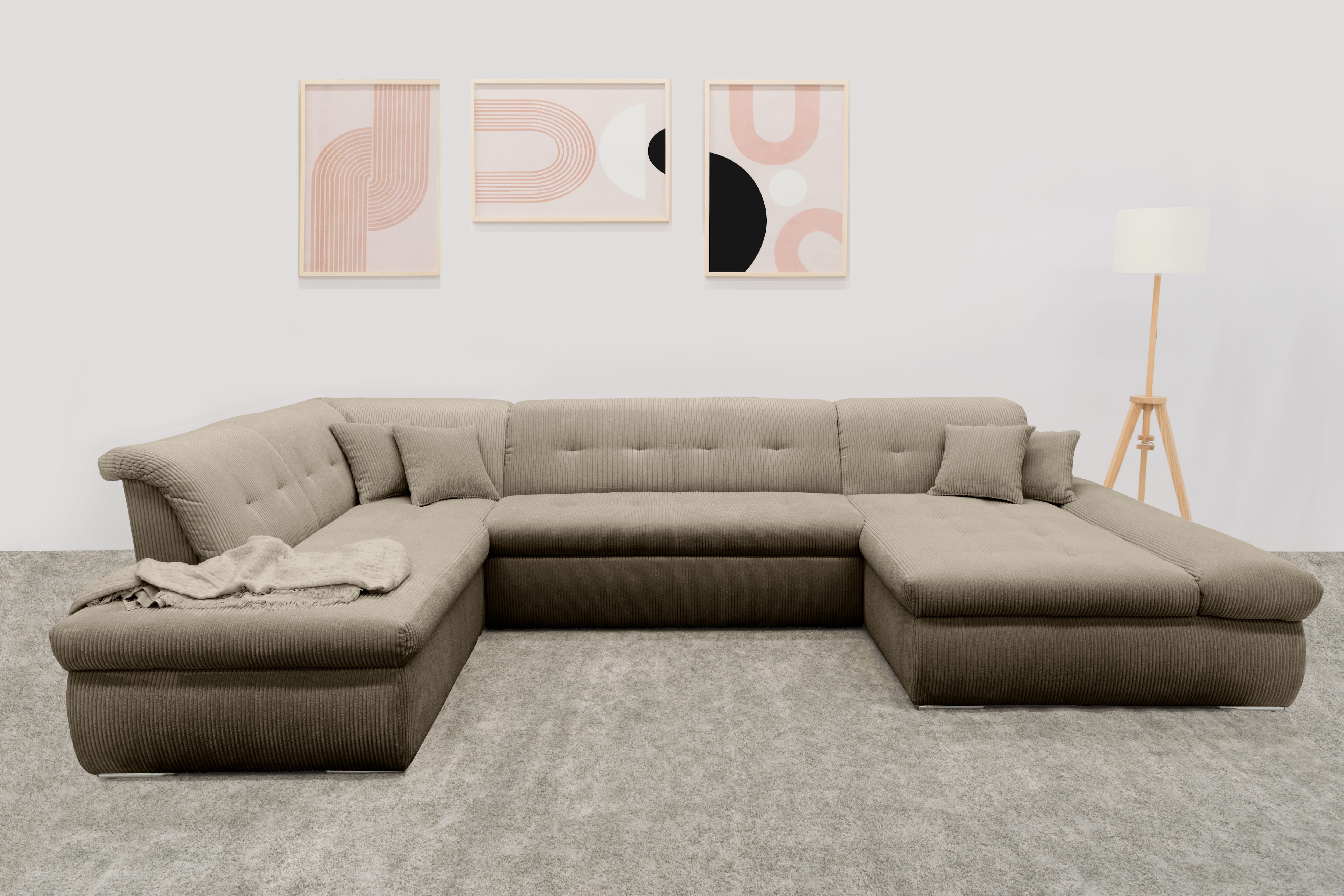 DOMO collection Wohnlandschaft "MORIC 353x216x80 cm, mit viel Platz, U-Form, auch in Cord" im XXL-Format, wahlweise mit Bettfunktion und Armlehnenverstellung