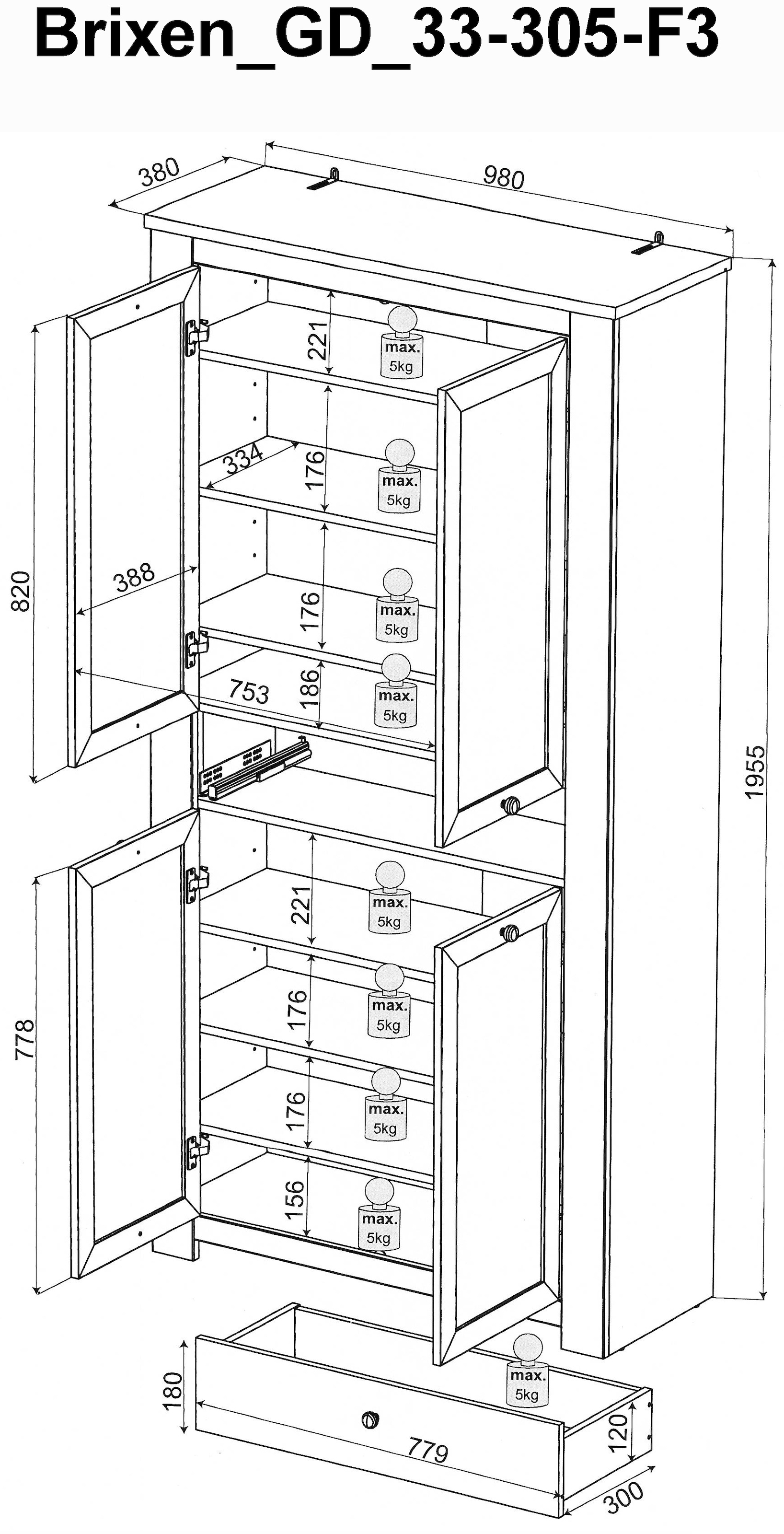 HBZ Schuhschrank »Brixen im Landhaustil, BxHxT 98x195x38 cm«, (1 St.), Schuhschrank mit 4 Türen, 1 Schubkasten, 6 Einlegeböden