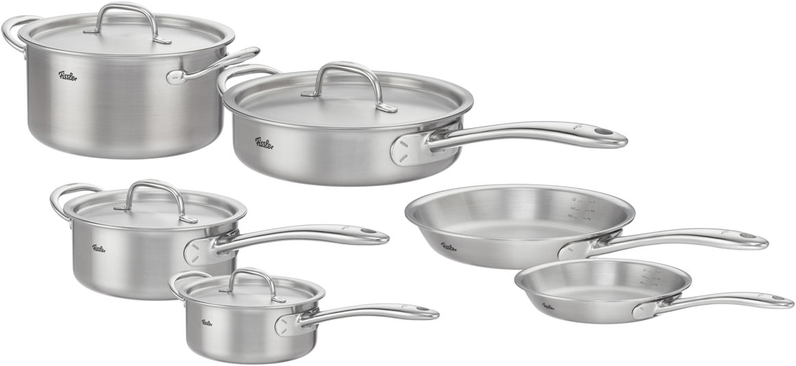 Fissler Topf-Set "Fissler M5 Pro-Ply, Edelstahl-Topfset (10-teilig)" Set, 10-teilig: 2 Bratpfannen, Kochtopf, Sauteuse und Stielkasserollen, 10 tlg. Edelstahl 18/10
