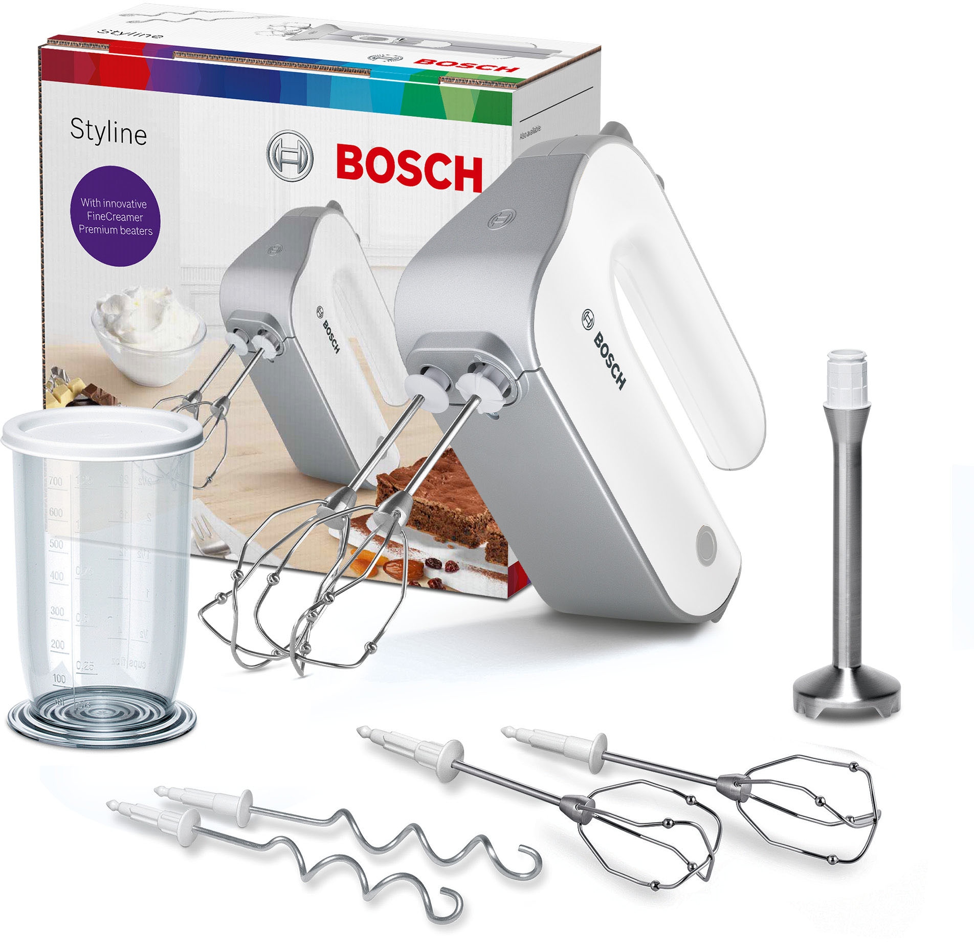 BOSCH Handmixer "Styline MFQ4075DE, 2x Rührbesen, Knethaken Edelst., Mixfuß, weiß", 550 W, 5 Stufen, Turbotaste, Mixbech