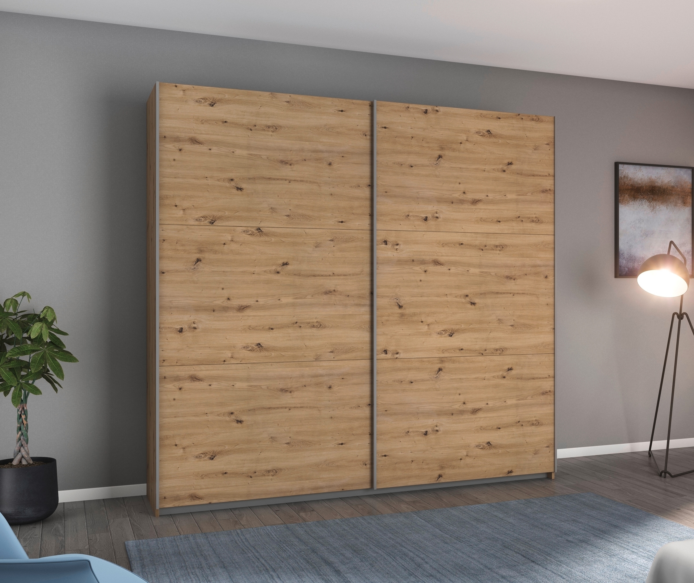 rauch Schwebetürenschrank "AURELIO Kleiderschrank Garderobe" 3 Ausstattungen BASIC/CLASSIC/PREMIUM (inkl. SOFT-CLOSE-FUNKTION), 3 verschiedene Ausstattungsvarianten Griffe aus Metall MADE IN GERMANY